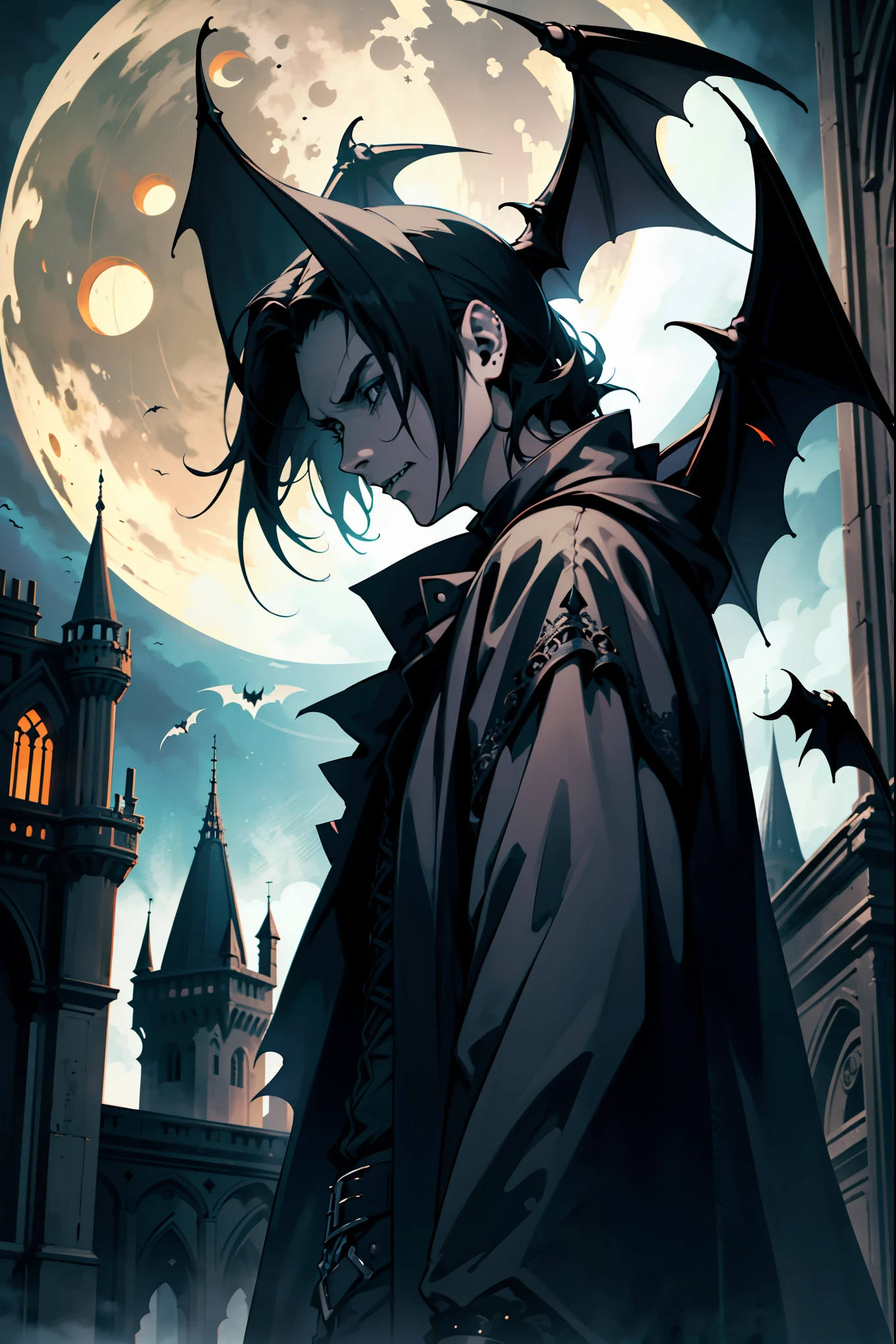 masterpiece,best quality,ultra high res,gothic style,1boy,solo,holloween ,vampire costume,pumkin,bat,dynamic angle,gothic,castle,dark,mysterious,haunting,dramatic,ornate,detailed,