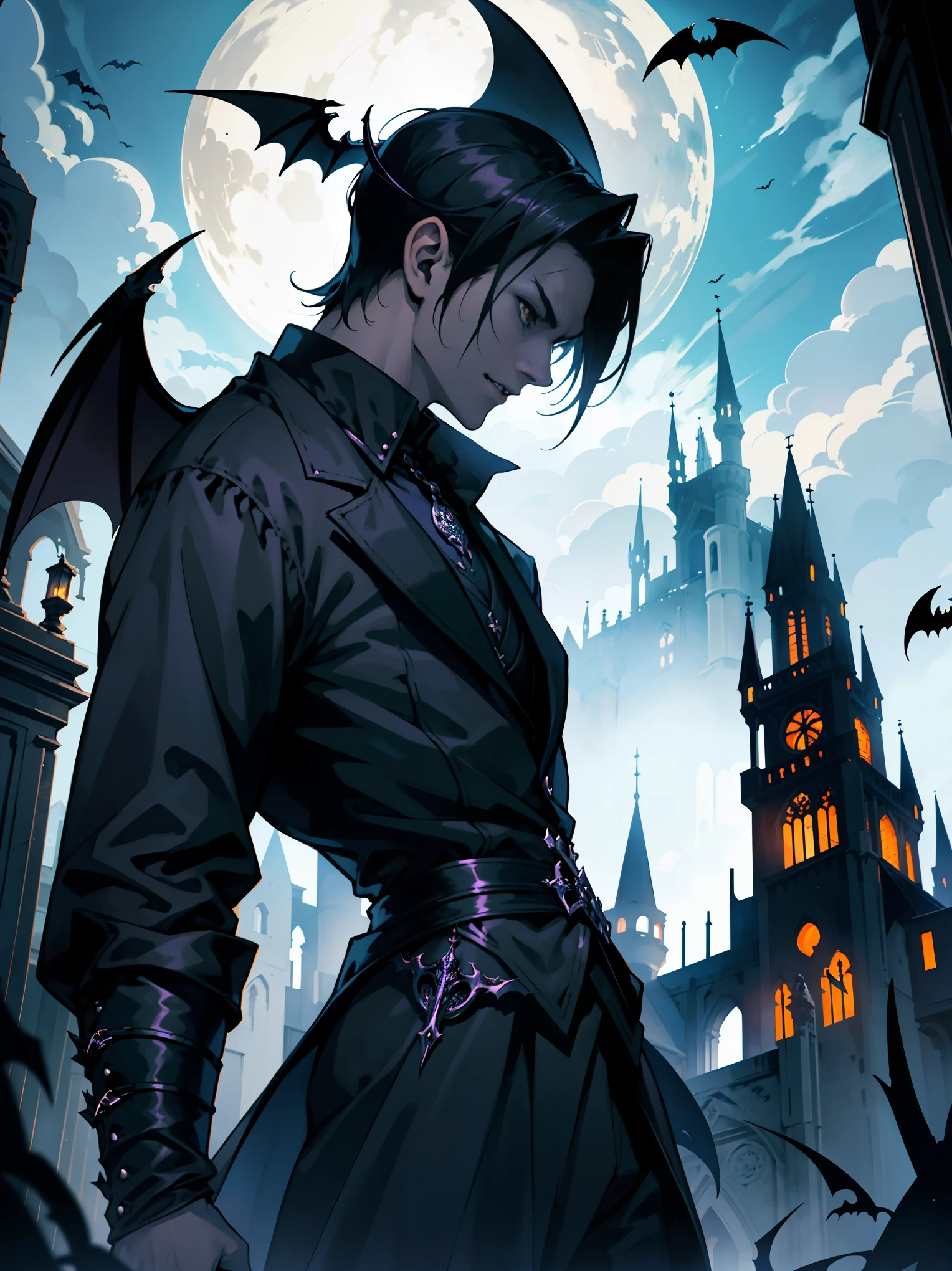 masterpiece,best quality,ultra high res,gothic style,1boy,solo,holloween ,vampire costume,pumkin,bat,dynamic angle,gothic,castle,dark,mysterious,haunting,dramatic,ornate,detailed,