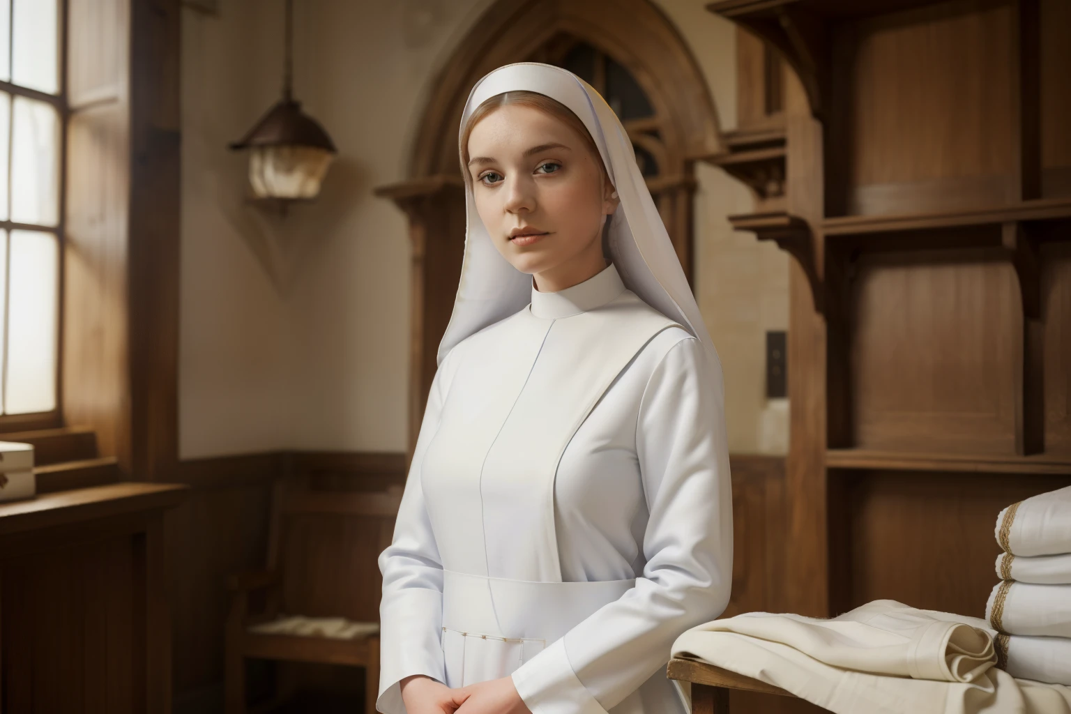 England, 1346. ((((very wide shot)))) of A young ((((29-year-old)) Caris Wooler)), attractive, expressive eyes, in a hospital, tidying up the instrumentals, working. ((((clothings from the 1300s, nun nurse white uniform)))), ((light chestnut hairstyle of the 1300s))
