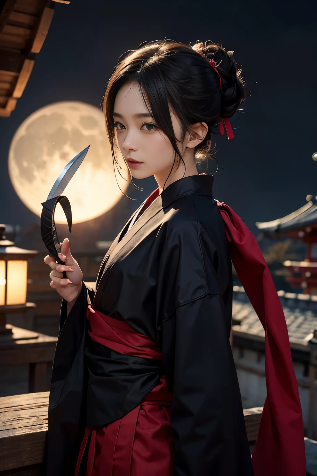 male、tie hair back、ninja clothes、knife、Japan Mansion、full moon、front