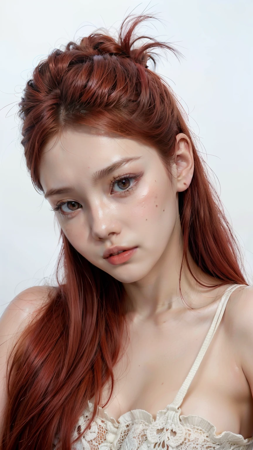 un primer plano de una mujer con cabello rojo y un vestido, red crimson hair, red hue, tono rojo fuerte, red crimson crimson hair, pale red, Jennie rosa negra, color rojo, retrato de jossi de blackpink, terciopelo rojo, pelo rojo suave, crimson hair, pelo rojo claro, inspirado en Yanjun Cheng, pelo rojo brillante, pelo rojizo