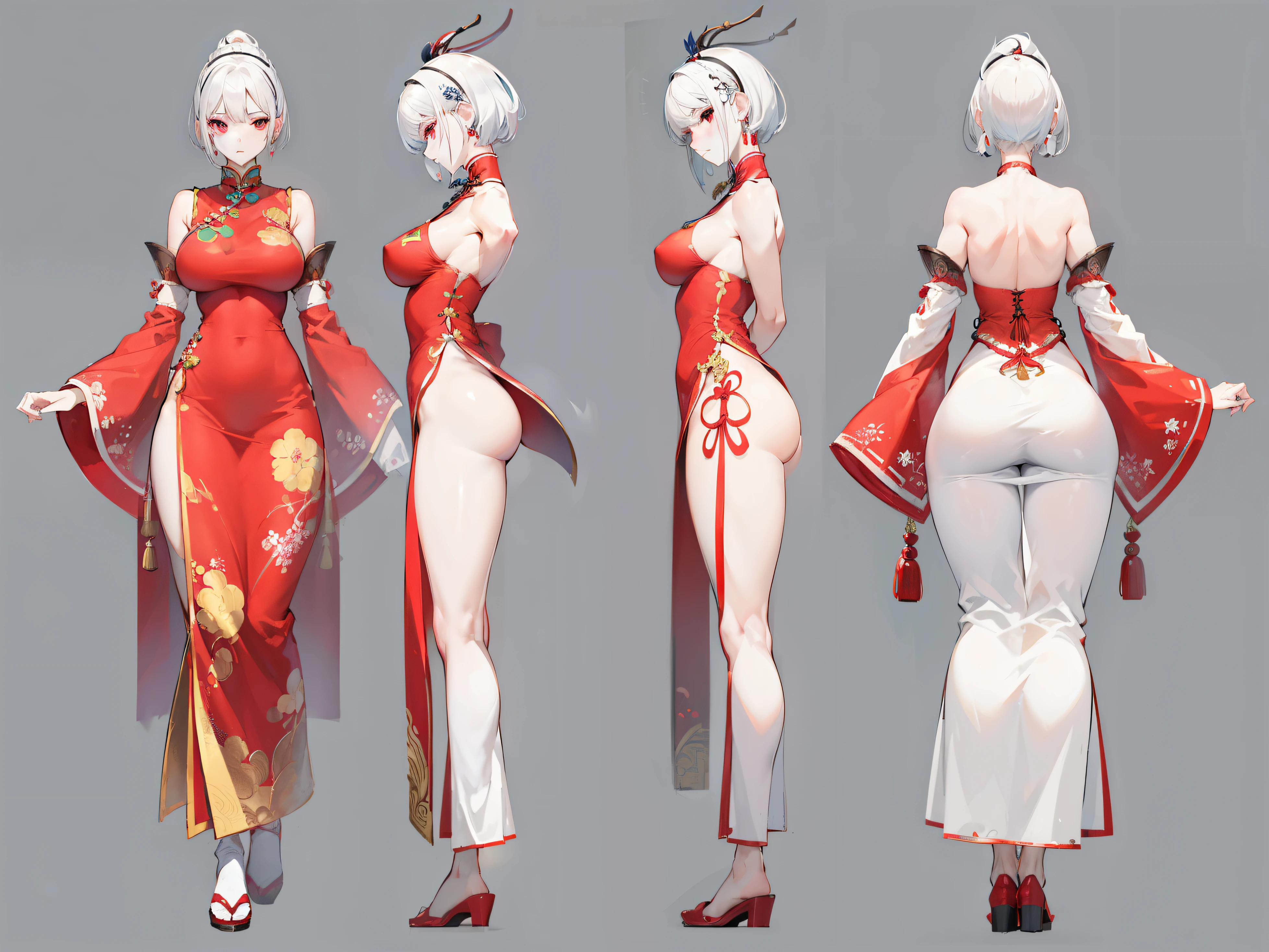 character table, beauty. perfect face, 6ft 5 tall woman. white hair. short hair.red eyes. Earrings for a perfect figure, character design sheet,whole body女恋, full of details, Body front view, car body rear view, whole body, Chinese traditional clothing front and back. Hydro Vision. ((masterpiece, best quality)), Detailed face, character design sheet, whole body Esbian, full of details, body positivity, car body rear view, Very detailed, depth, many parts,