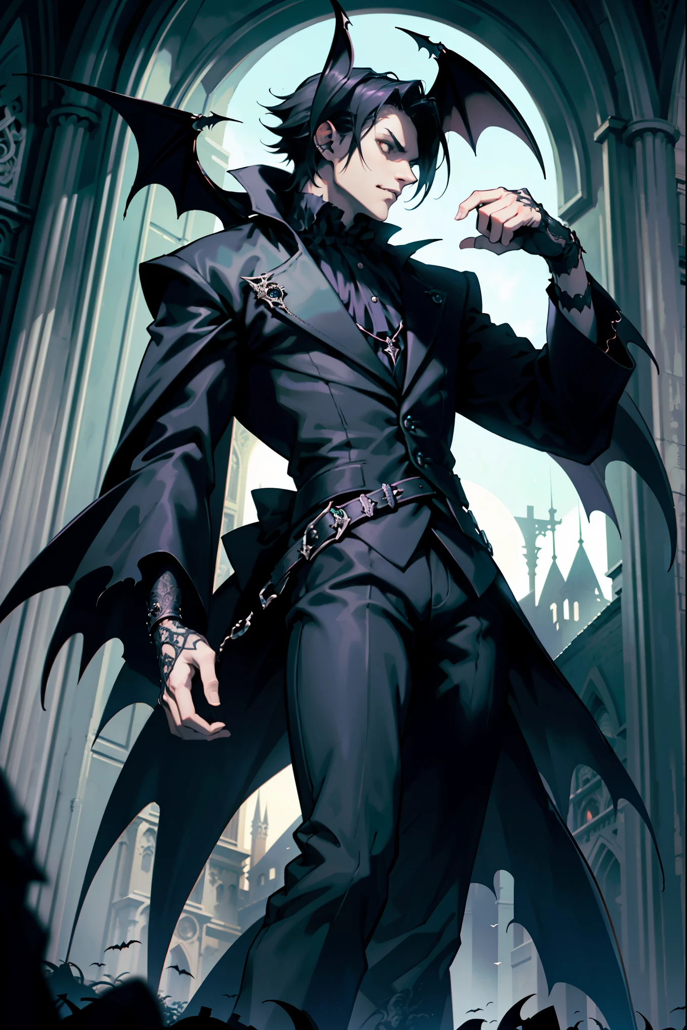 masterpiece,best quality,ultra high res,gothic style,1boy,solo,holloween ,vampire costume,pumkin,bat,dynamic angle,gothic,castle,dark,mysterious,haunting,dramatic,ornate,detailed,