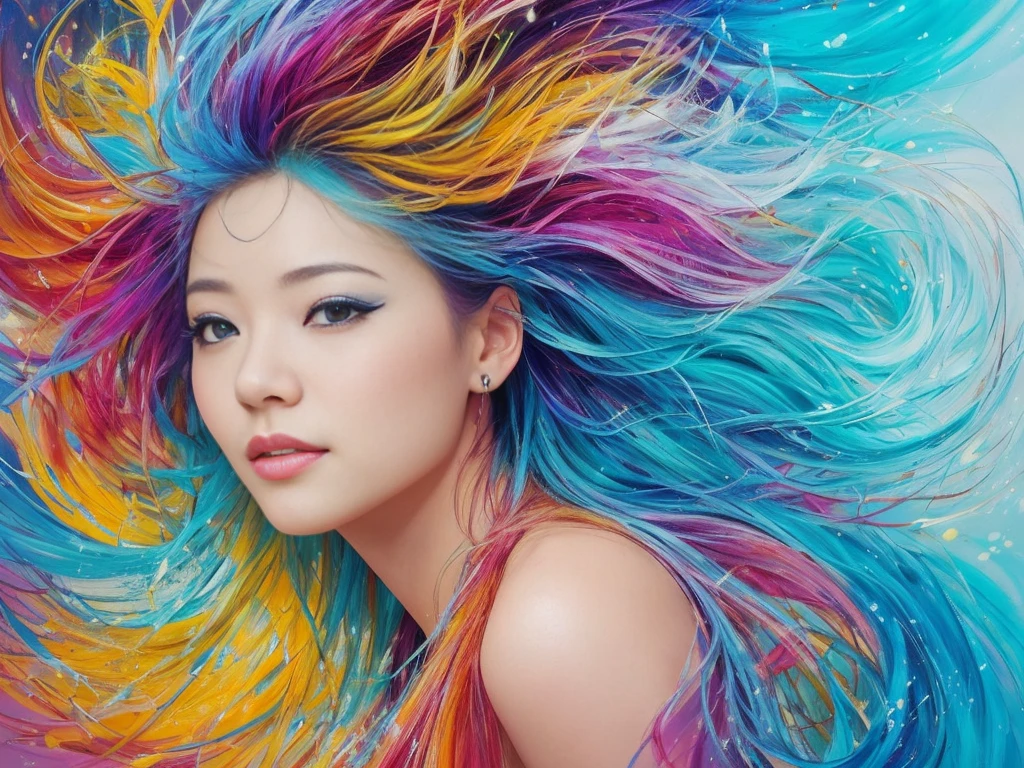 Colorful abstract art of paint forming a mesmerizing hair strand on the head of a stunning Asian woman. With a radiant smile and beautifully messy hair, she exudes an air of effortless charm. The scene is bathed in romantic lighting, casting a soft glow upon the artwork. The vibrant colors of the paint seem to cascade like a wave, showcasing the artist's incredible skill and creativity. Sub-surface scattering creates a subtle yet captivating shine, adding depth and dimension to the piece. This unique masterpiece is reminiscent of a hair transplant, blending the worlds of art and beauty seamlessly. It's almost as if the paint has come alive underwater, capturing the imagination and earning recognition from the esteemed artist Alberto Seveso.