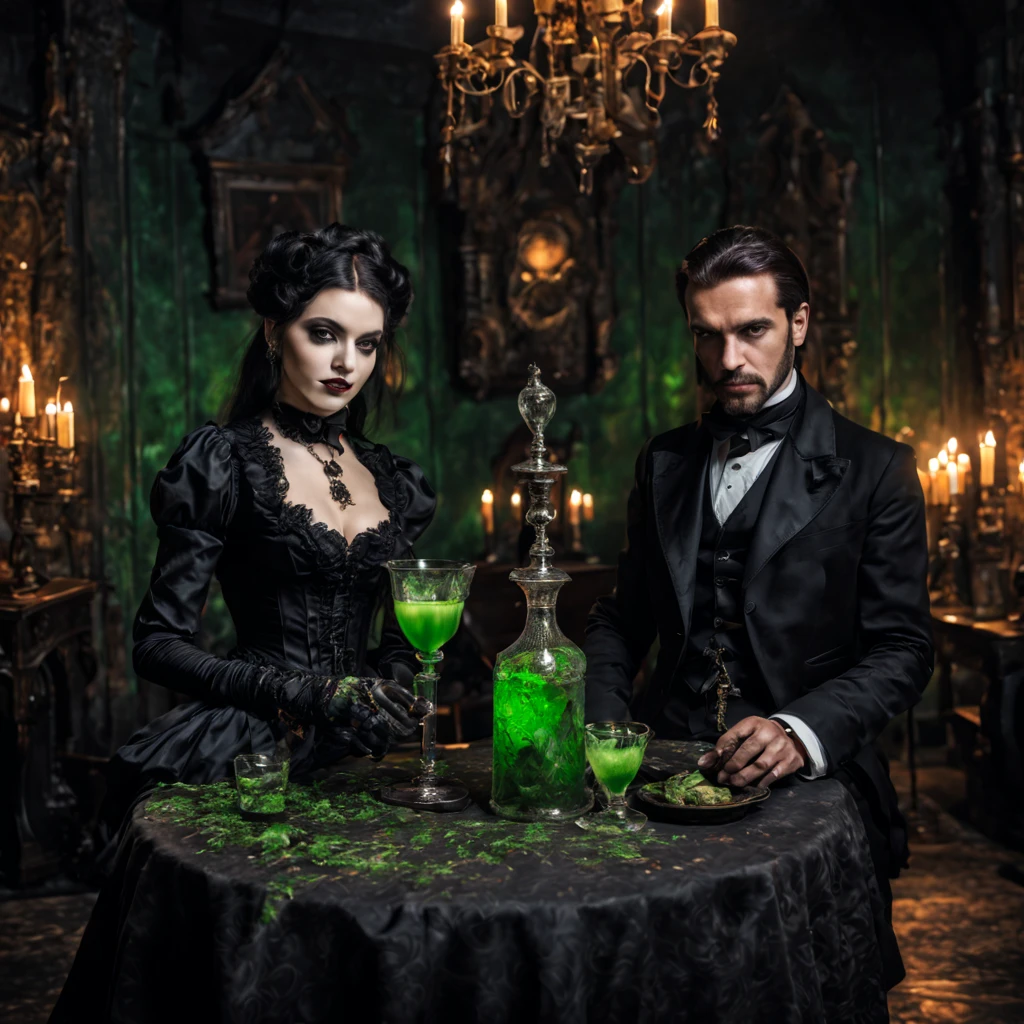best quality,ultra-detailed, dark gothic era, dark gothic aesthetic,dramatic lighting, dark lighting, vintage architecture,decaying beauty, room in gothic style, gothic lamps, table and tableware in gothic style, couple sitting at the table, both dressed in black gothic clothes, man wearing a gothic style suit, woman in a gothic style dress, black gothic accents, drinking green drink (absinth) from tall chalices in the Gothic style, hdr, raw photo, depth of field, film grain, low angle shot,