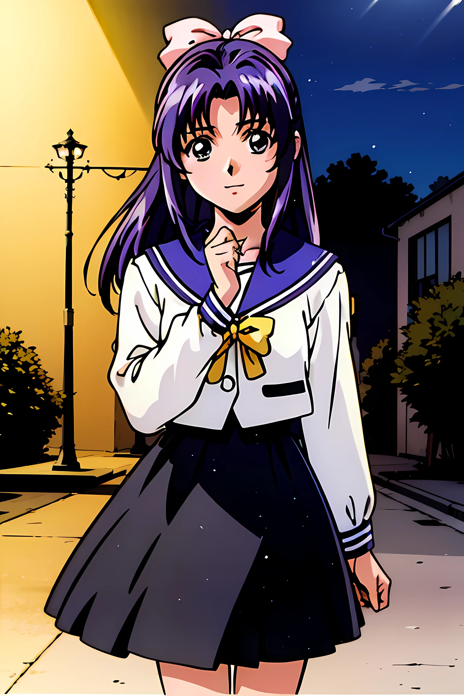 (highest quality:1.3),(ultra-be familiar with:1.5),High resolution,extremely be familiar with CG,unity 8k wallpaper,official art,be familiar with,super be familiar with skin,perfect anatomy,beautiful be familiar with eyes,(anime screenshot:1.1),(((high color saturation:1.6))),(((high brightness:1.7))),very delicate and beautiful,90s anime,90s anime style,cel shaded anime,1 girl,((koigakubomomoko:1.5)),((school uniform, sailor suit,long sleeve,skirt,:1.3)),shoes下,shoes,茶色のshoes,long hair,hair ribbon,pink ribbon,knee high,loafers,smile,brown eyes,purple hair,white shirt,bangs,((background light:1.7)),((night park:1.52)),summer,