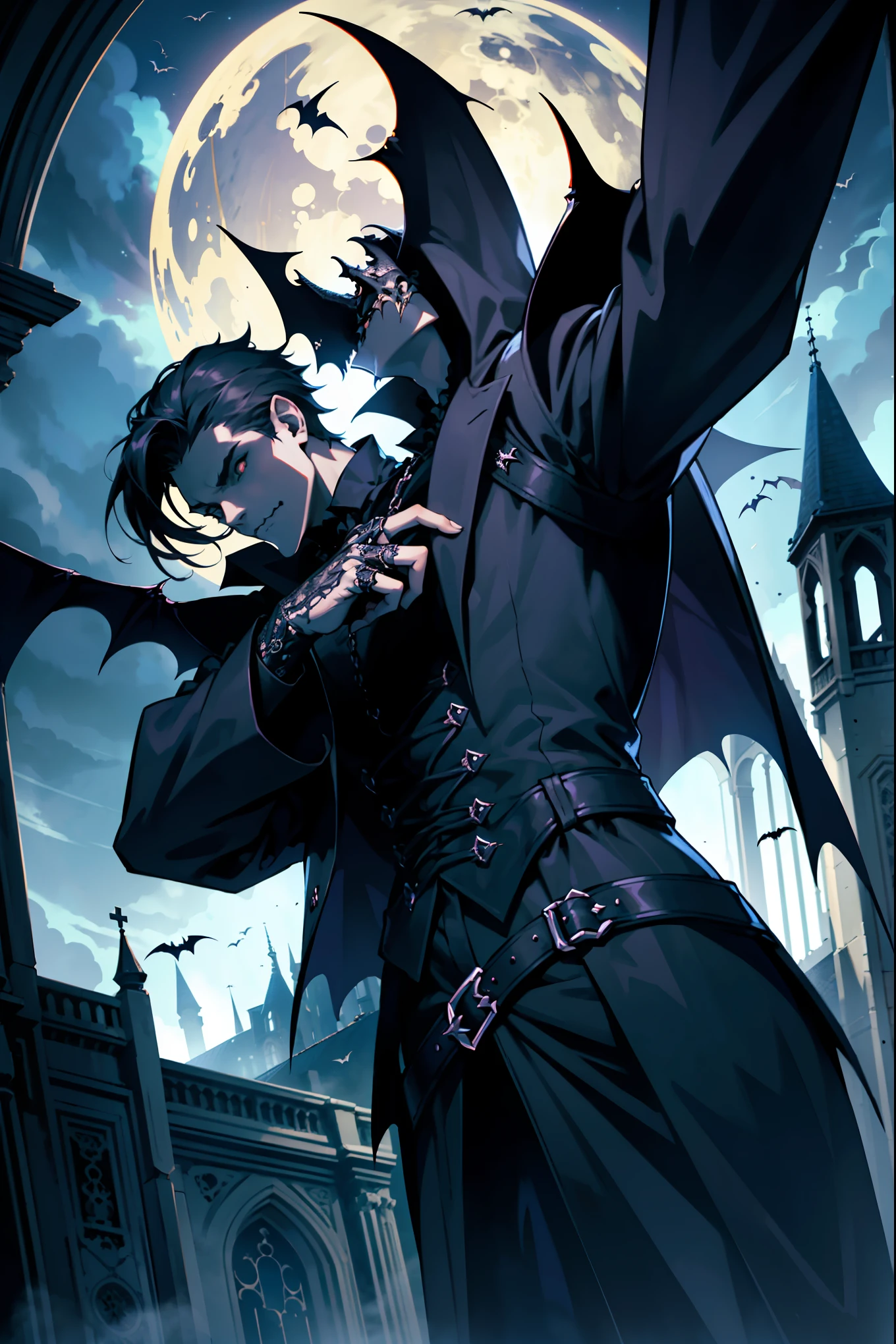 masterpiece,best quality,ultra high res,gothic style,1boy,solo,holloween ,vampire costume,pumkin,bat,dynamic angle,gothic,castle,dark,mysterious,haunting,dramatic,ornate,detailed,