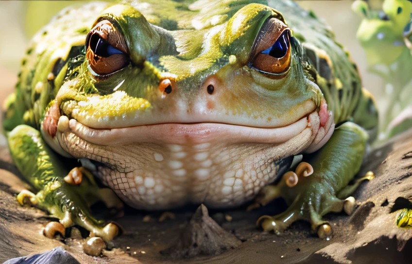 frog，toad, intense expression，terrible，Real close-up, big toad, toad, reptile face, Extreme close-up, alien frog, Very close-up, closeup 4k