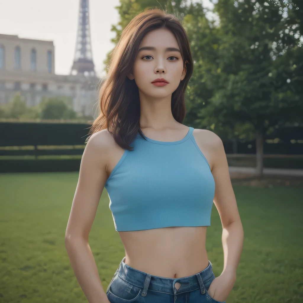 ((realistic lighting, highest quality, 8k, masterpiece: 1.3)), clear focus: 1.2, 1 girl, perfect figure: 1.4,slim legs, whole body,slim abs: 1.1,looking far away,show me your stomach, ((dark brown hair)), (bright light blue crop top: 1.4), (outdoors, night: 1.1), Eiffel Tower on the background, super detailed face, fine eyes, double eyelid,
