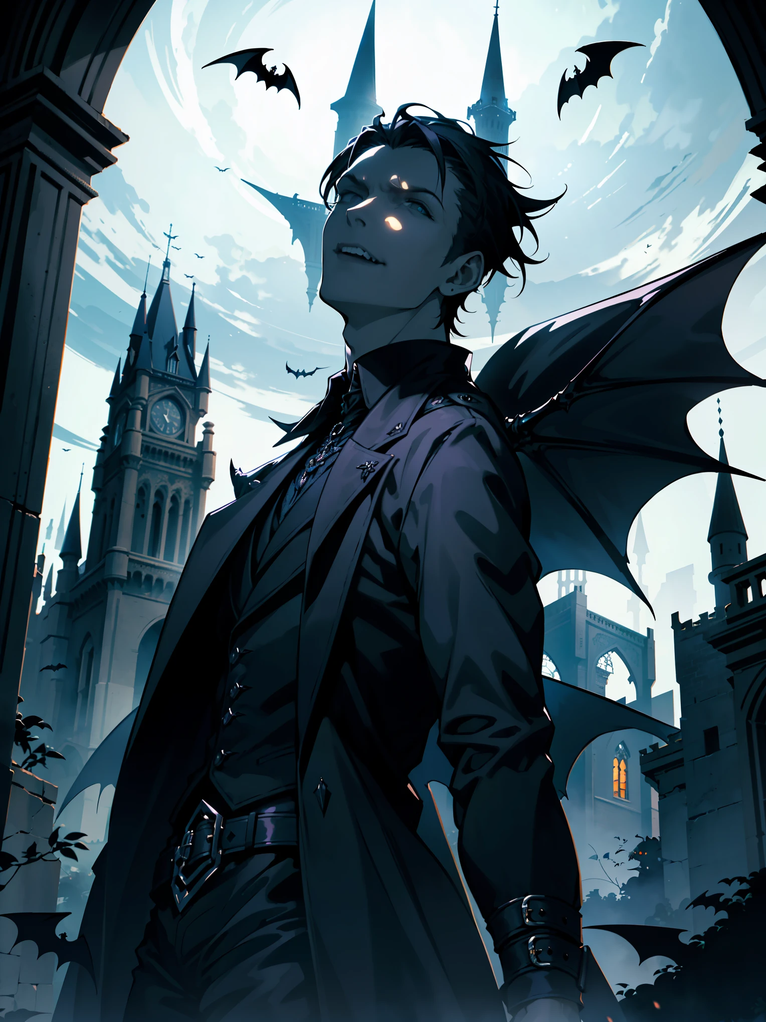 masterpiece,best quality,ultra high res,gothic style,1boy,solo,holloween ,vampire costume,pumkin,bat,dynamic angle,gothic,castle,dark,mysterious,haunting,dramatic,ornate,detailed,