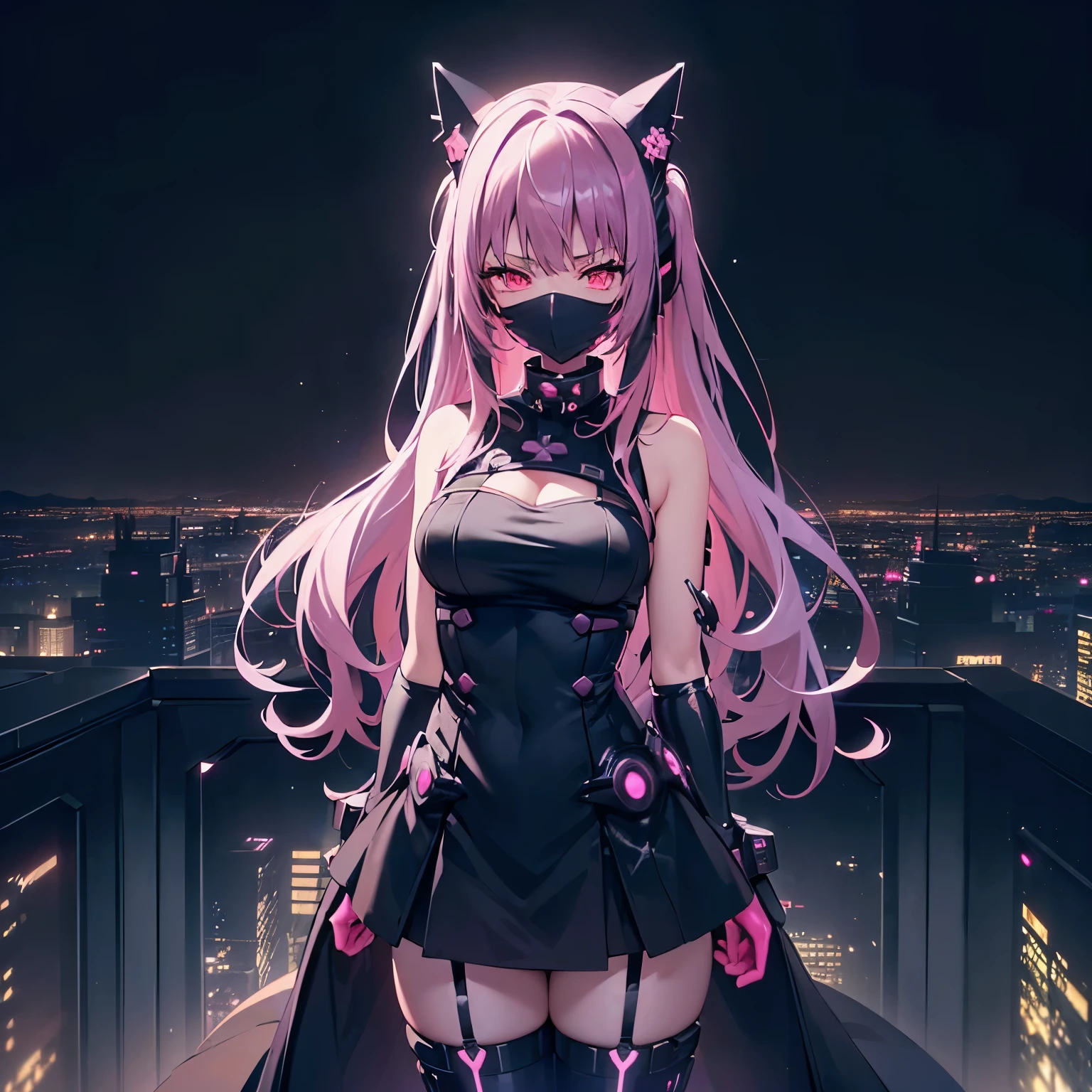 anime, (masterpiece, highest quality, super detailed, high contrast), 1 girl (alone, full body,  body, standing on the edge of a skyscraper,  silver hair, (((cyber mask that covers the mouth, neon pink black cyber mask))), flowing long hair, shining red ruby eyes, (black dress, neon pink dress highlights), Black see-through stockings), (rooftop of skyscraper, overlooking the city, detailed background ((at night, darkness, low light pollution)))