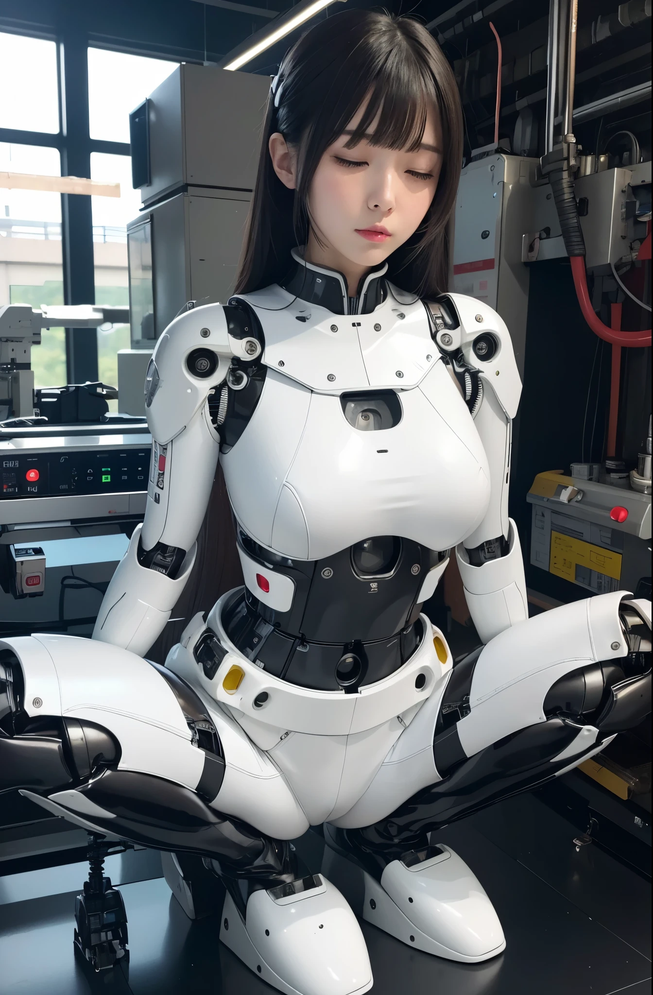 masterpiece, best quality, extremely detailed, Japanese android girl,Plump ,control panels,robot arms,robot,android,cyborg,white robot body,blunt bangs,robot repair plant,skinny pants,boots,（closing eyes:1.5）
