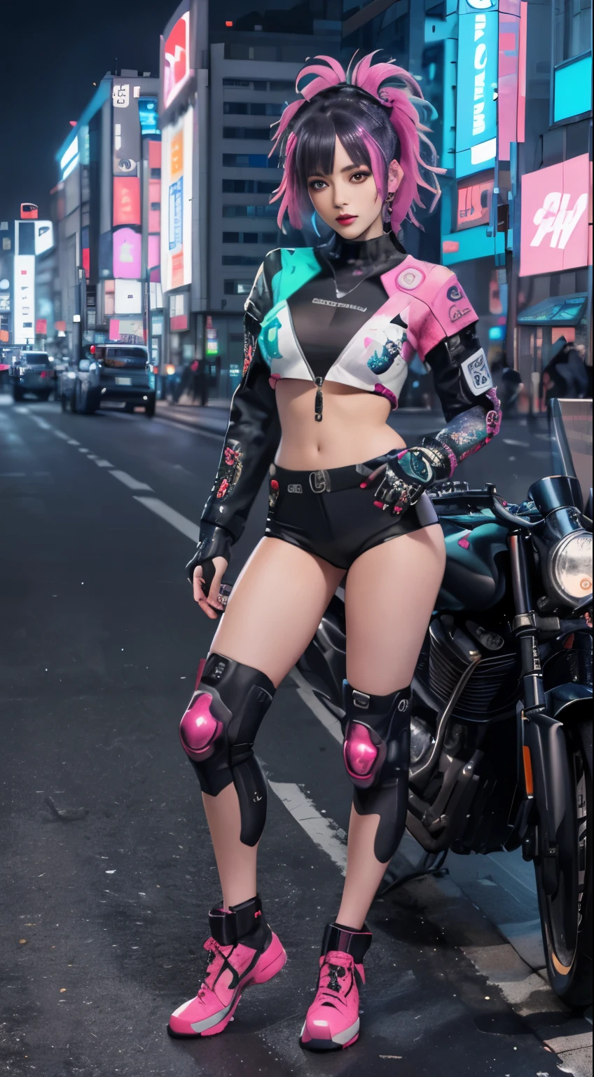 masterpiece, best quality, 1 cyberpunk girl, full body shot, standing in front of motorcycle, looking at viewer, Confident cyberpunk girl with sassy expression, Harajuku-inspired pop outfit, bold colors and patterns, eye-catching accessories, trendy and innovative hairstyle, vibrant makeup, Cyberpunk dazzling cityscape, skyscrapers, neon signs, LED lights, bright and vivid color scheme, anime, illustration, detailed skin texture, detailed cloth texture, beautiful detailed face, intricate details, ultra detailed.