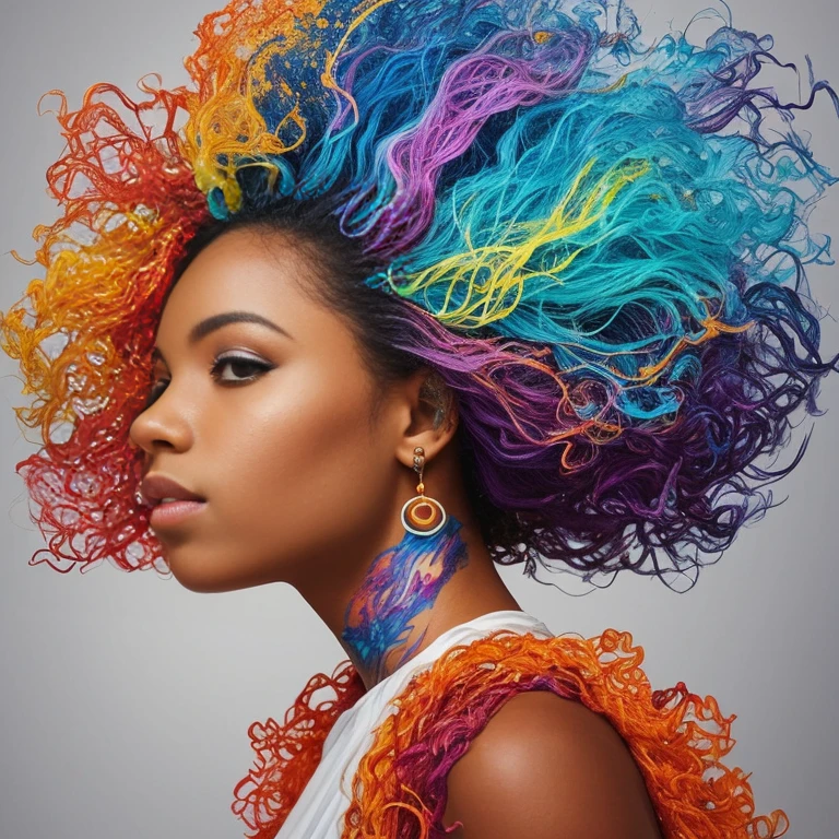 Afro-textured hair, sparkling eyes, dark skin, extreme long curly messed hair, extreme rainbow neon rainbow hair, heterochromia eyes, really curly hair, masterpiece, looking up