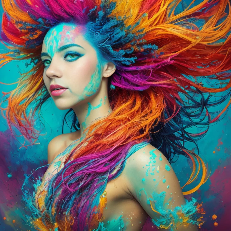 Colorful abstract art comes to life in the form of a hair strand on an African woman's head, painted with vivid hues and textures. The romantic lighting illuminates the intricately detailed waves of her hair, much like sub-surface Scatterring underwater. Her orange eyes reflect the depth and intensity of the art. Shine and luster radiate from each strand, showing the skillful hand of the artist. This unique work of underwater paint art has been awarded by none other than Alberto Seveso himself, a renowned master in the field.