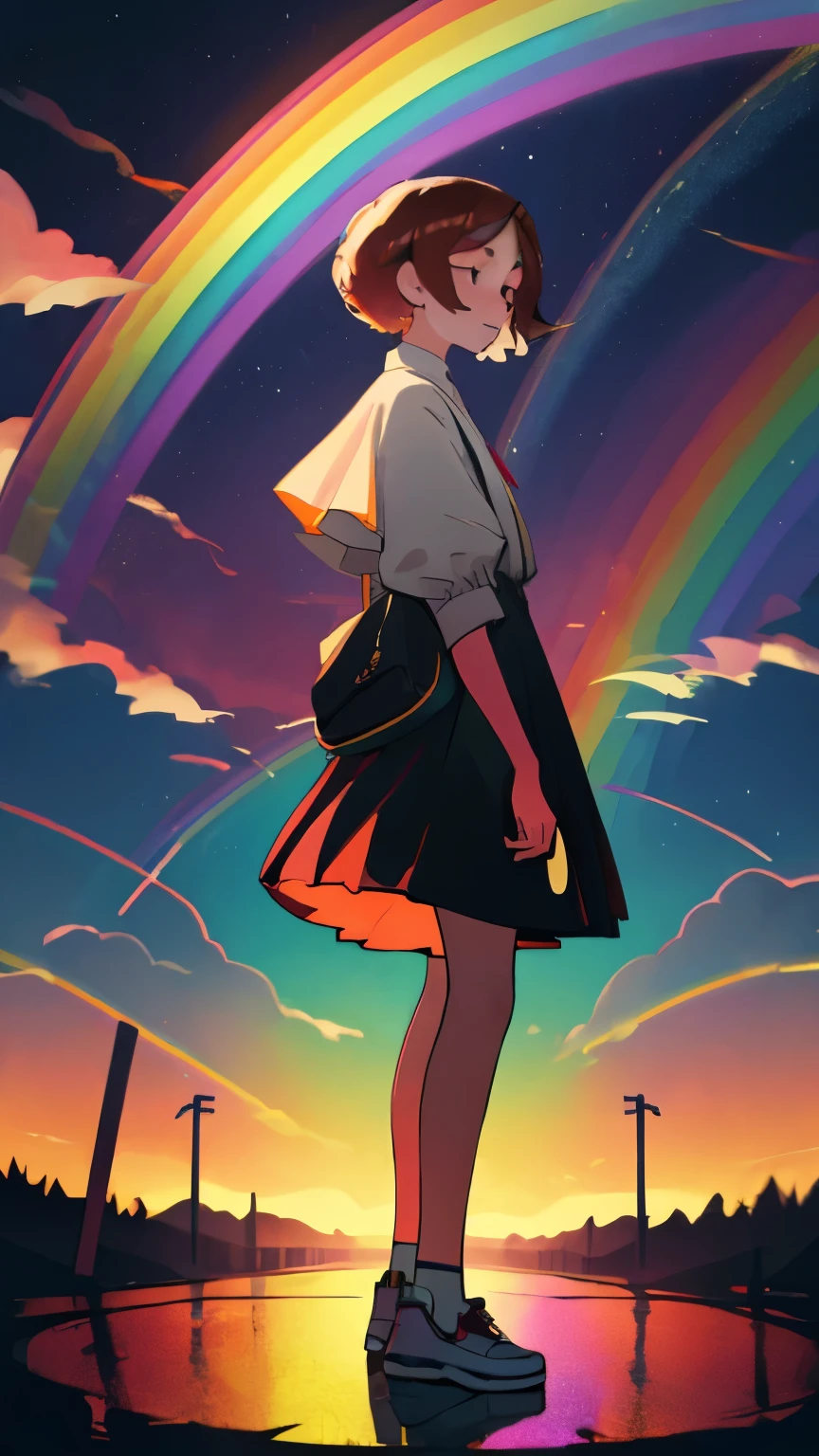 A woman standing at a crossroads with a rainbow in the sky, 8k, high resolution,