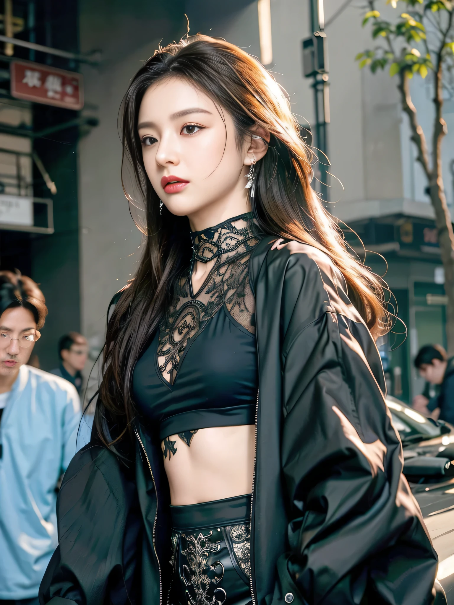 Photorealistic, masutepiece, Best Quality, Raw photo, 1girl in, Solo, Twin-tailed, Brown hair, Detailed face, alluring face, 、Punk rock fashion、earrings、a choker、Open jacket、croptop, medium breasts, Dynamic Pose, Looking at Viewer, From below, Detailed background, fine detailed, intricate detailes, Ray tracing, depth of fields, lowkey, nffsw、In the street、