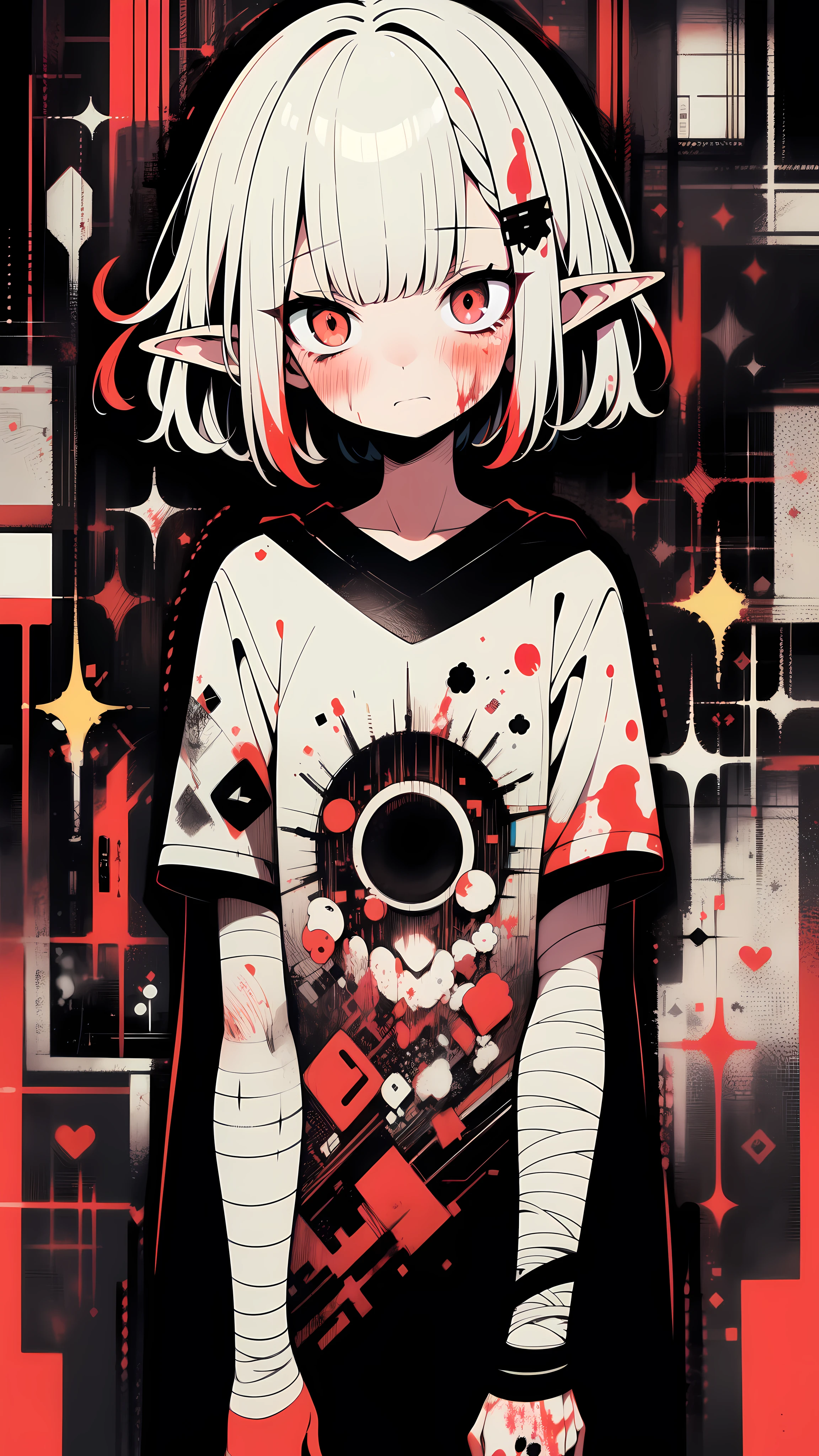 hightquality、neon color palette、high-level image quality、Kawaii elf Girl、Unprecedented amount of drawing、anime styled、Geometric pattern background、sticker style、short hair、dark hair、brown eyes, messy hair, menhera, bandages, loose clothing, baggy t-shirt, self harm, guro, dark, depressed, eye bags, heavy eyes, dark eyes, blood, creepy, eroguro, dark circles, neon, eye strain, glitch, retro, scary, demon, eyeball, ghost, horror, bloodied, colourful blood, glitch