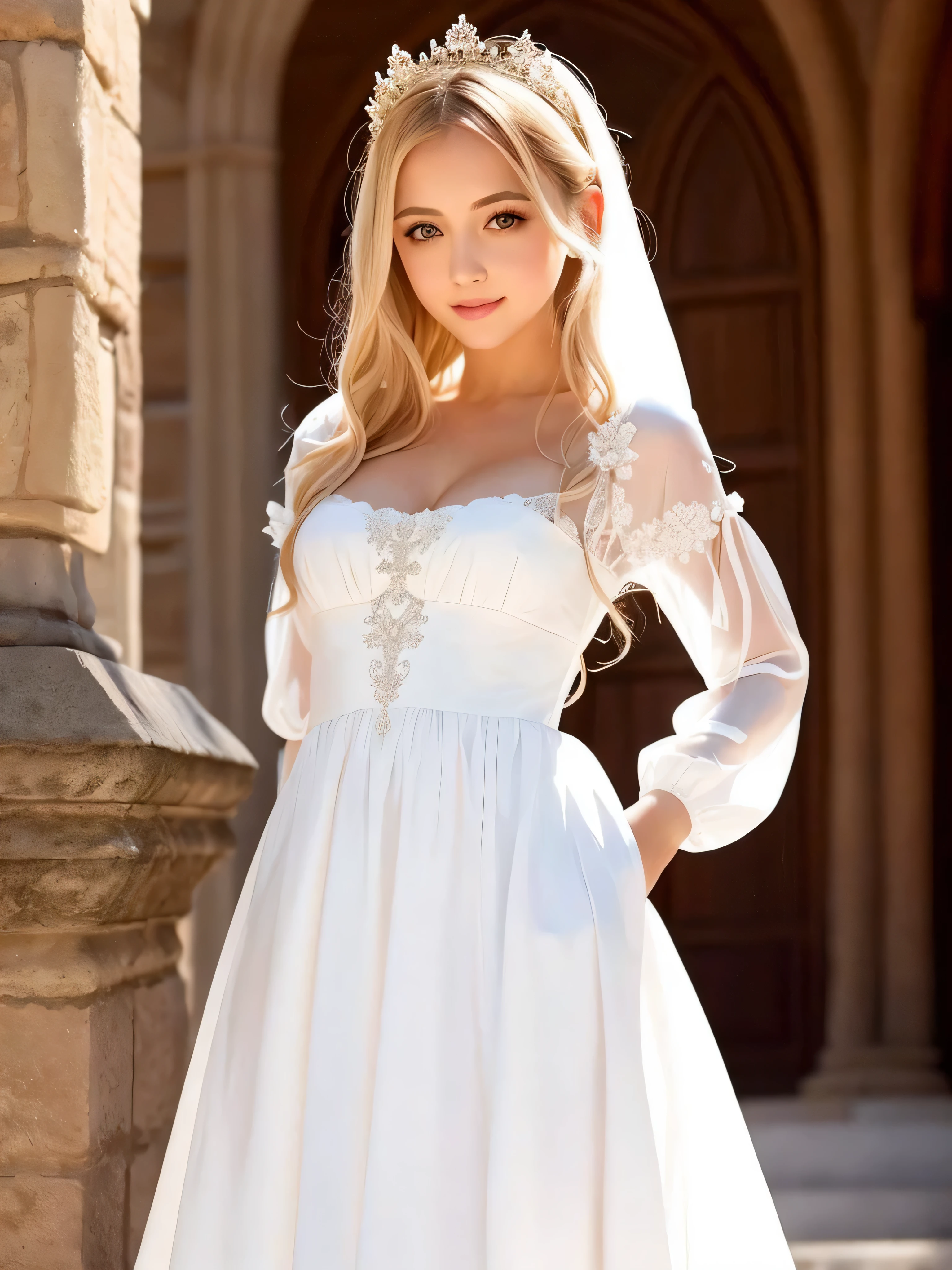 Mujer rubia con un vestido blanco posando en un marco dorado., white Vestido Real, vestido con un encaje medieval, lovely languid princess, dress in rococo style, vestido blanco antiguo, princesa medieval, princesa de pelo rubio, vestido blanco y dorado, fantasy dress, muy hermosa top model elfa, Vestido Real, hermosa princesa elfa, beautiful fantasy maiden