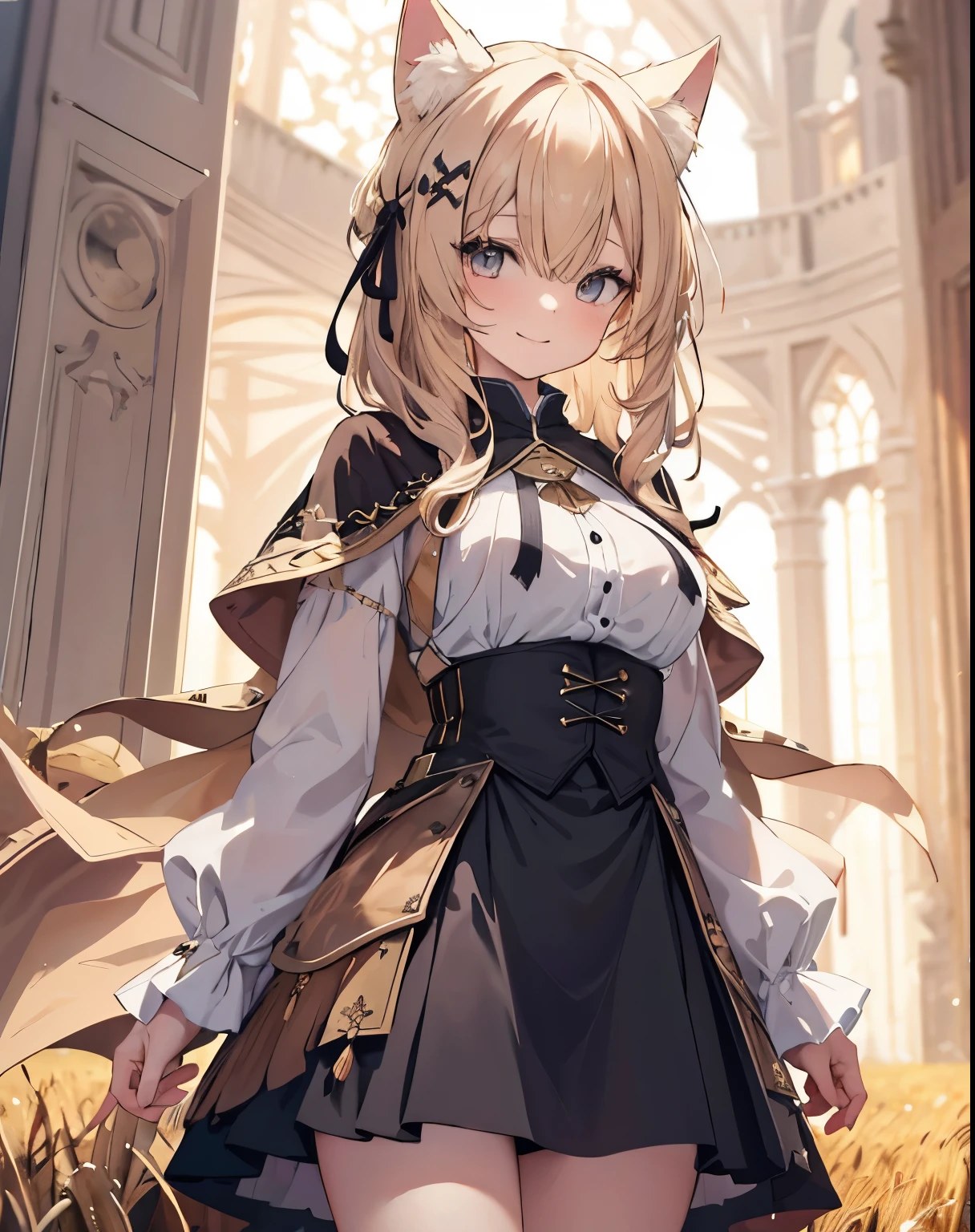 masterpiece,1girl, sparrow, a blonde haired girl, wearing a medieval european villager clothes, curly medium hair, messy hair, black skirt, brown capelet with furry hoody, slim body, big breasts, she close her left eye, shirt ornament, lolippai, hair ribbon, seductive smile, beautiful breasts, rounded breasts, crimson eyes, flared skirt, plaid skirt, she stands in the wheat field, iochi mari, cat ears