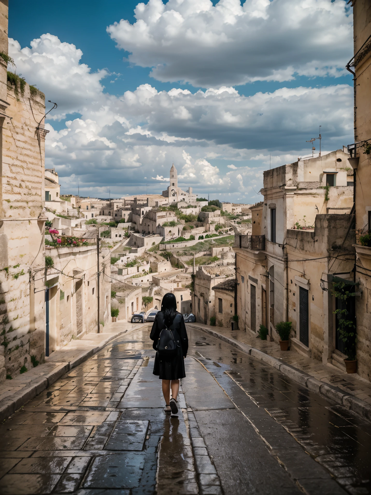 1 woman, long loose black hair, crying in sassi_di_Matera, landscape of Matera, solo, alone, outdoors, buildings, clouds and milky way in the sky, cityscape, in the streets of Matera water comes out from the ground, rain, rain puddles on the path