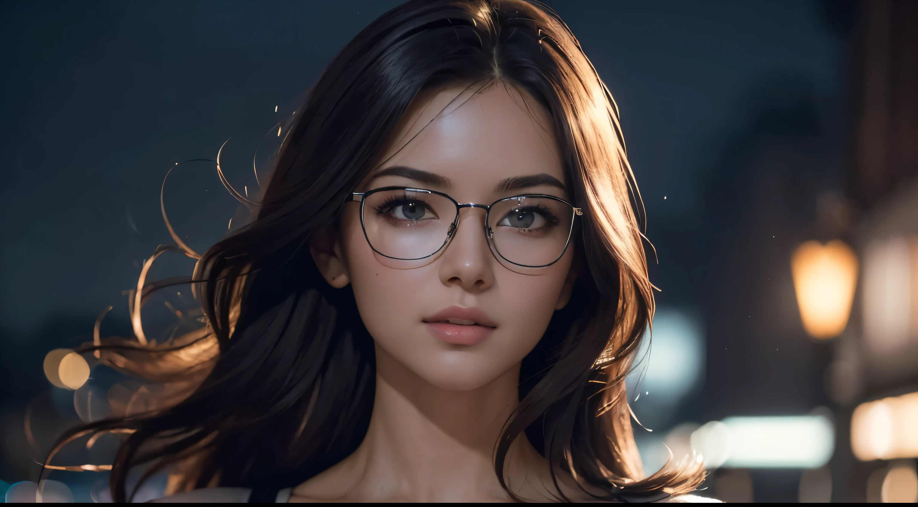 (Masterpiece, best quality, award winning, photorealistic, highres, UHD :1.4), wide frame portrait, whole figure, full pose, sharp focus, 1 beautiful European female, pretty model, skinny, slim figure, beautiful midriff, slender abs, breasts, realistic skin, realistic detailed modeling face, beautiful eyes, layered hairstyle, highly detailed realistic hair, glossy lips, eye liner, blush, attractive, stunning, ((photorealistic, realistic, super realistic, realism, realistic detail)), cropped camisole covered by 80' bomber jacket, wearing glasses, at night, night street, night light, beautiful neon light, no asian eyes, big eyes, vide angle, vide shot, 35mm f1.4,