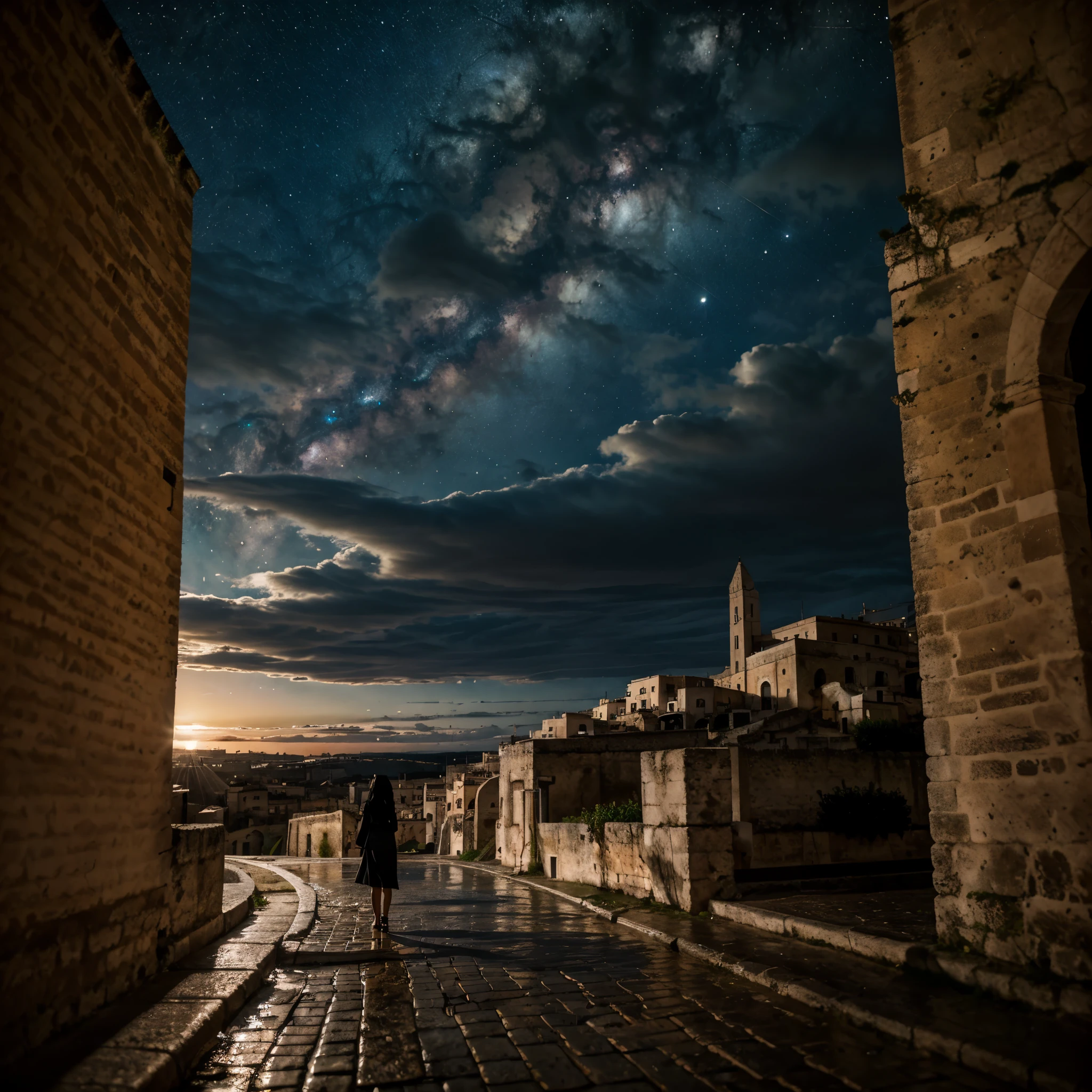 1 woman, long loose black hair, crying in sassi_di_Matera, landscape of Matera, solo, alone, outdoors, buildings, clouds and milky way in the sky, cityscape, in the streets of Matera water comes out from the ground, rain, rain puddles on the path