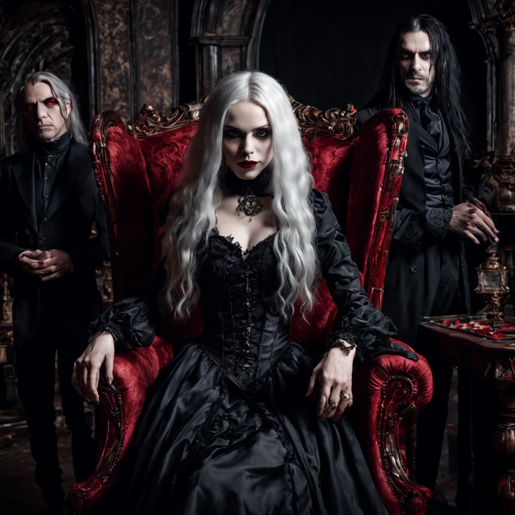 best quality,ultra-detailed, dark gothic era, dark gothic aesthetic,dramatic lighting, dark lighting, vintage architecture,decaying beauty, room in gothic style, gothic lamps, , couple of vampires in gothic style.  the man is older, has long white hair, black pupils, vampire fangs, and wears gothic clothes.  the woman is younger, fiery red hair, long black gothic dress, pale face, red eyes, vampire fangs.  a man sits in a gothic-style armchair, a woman stands behind him, holding her hand on his shoulder.  darkroom background, gothic style room, HDR, raw photo, depth of field, film grain, low angle shot, full shot