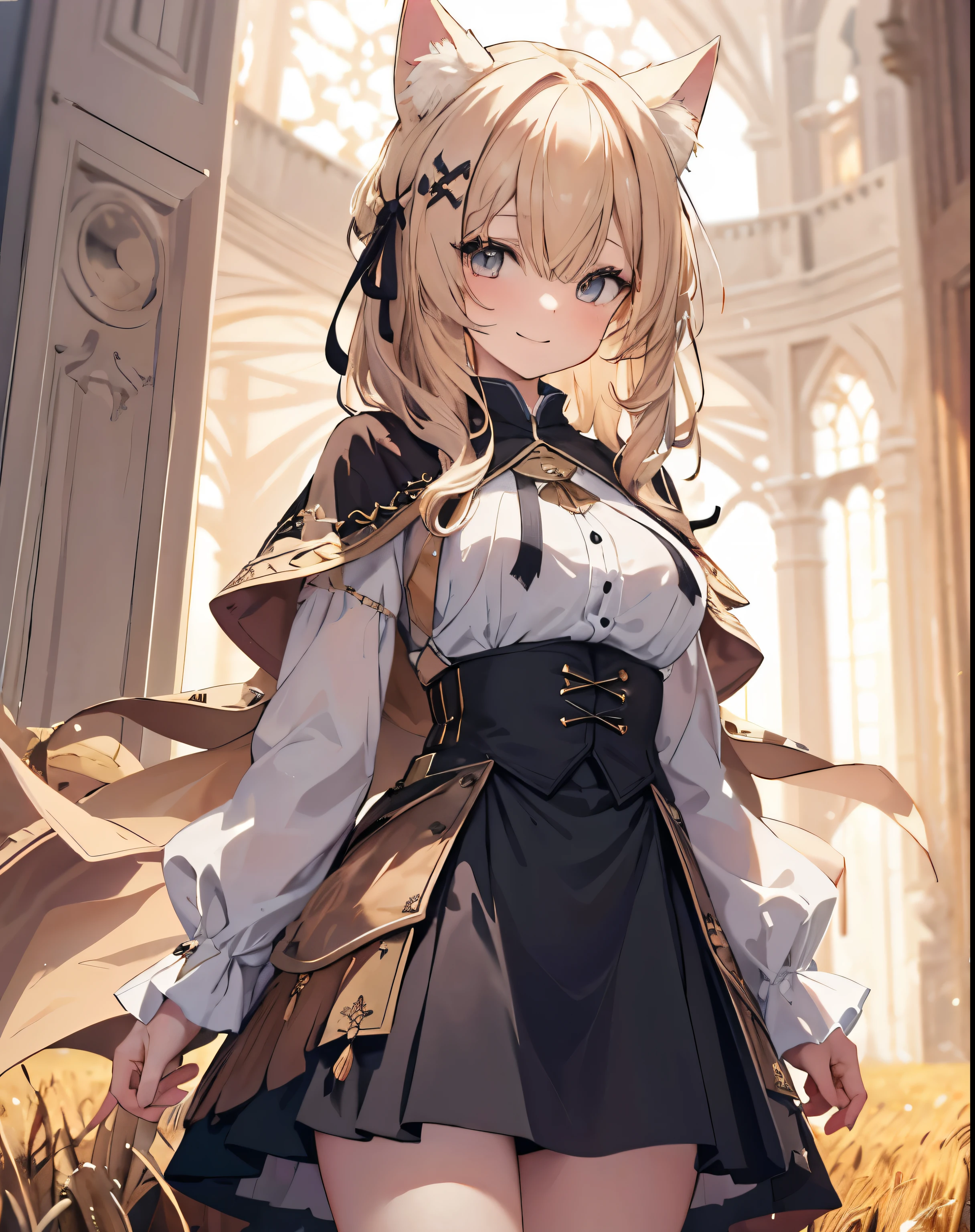 masterpiece,1girl, sparrow, a blonde haired girl, wearing a medieval european villager clothes, curly medium hair, messy hair, black skirt, brown capelet with furry hoody, slim body, big breasts, she close her left eye, shirt ornament, ****ppai, hair ribbon, seductive smile, beautiful breasts, rounded breasts, crimson eyes, flared skirt, plaid skirt, she stands in the wheat field, iochi mari, cat ears