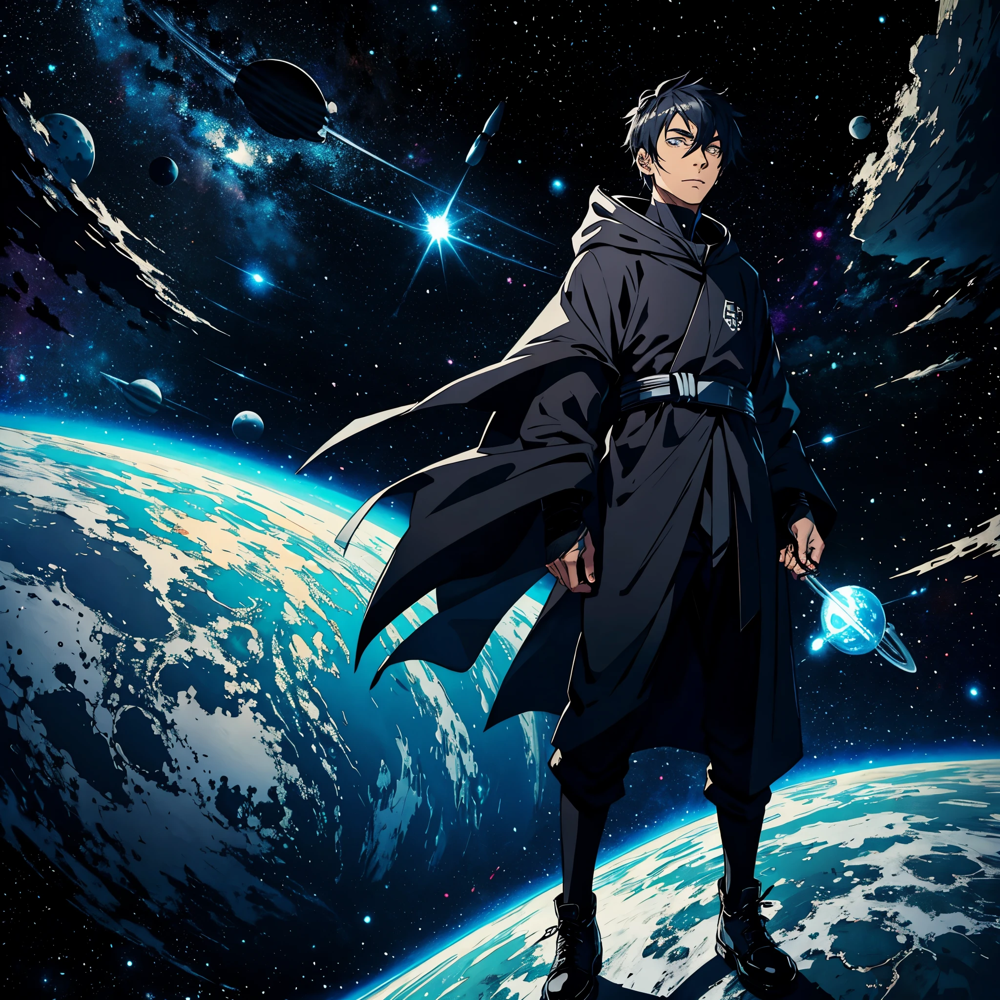 black ink art style space traveler wearing black robes