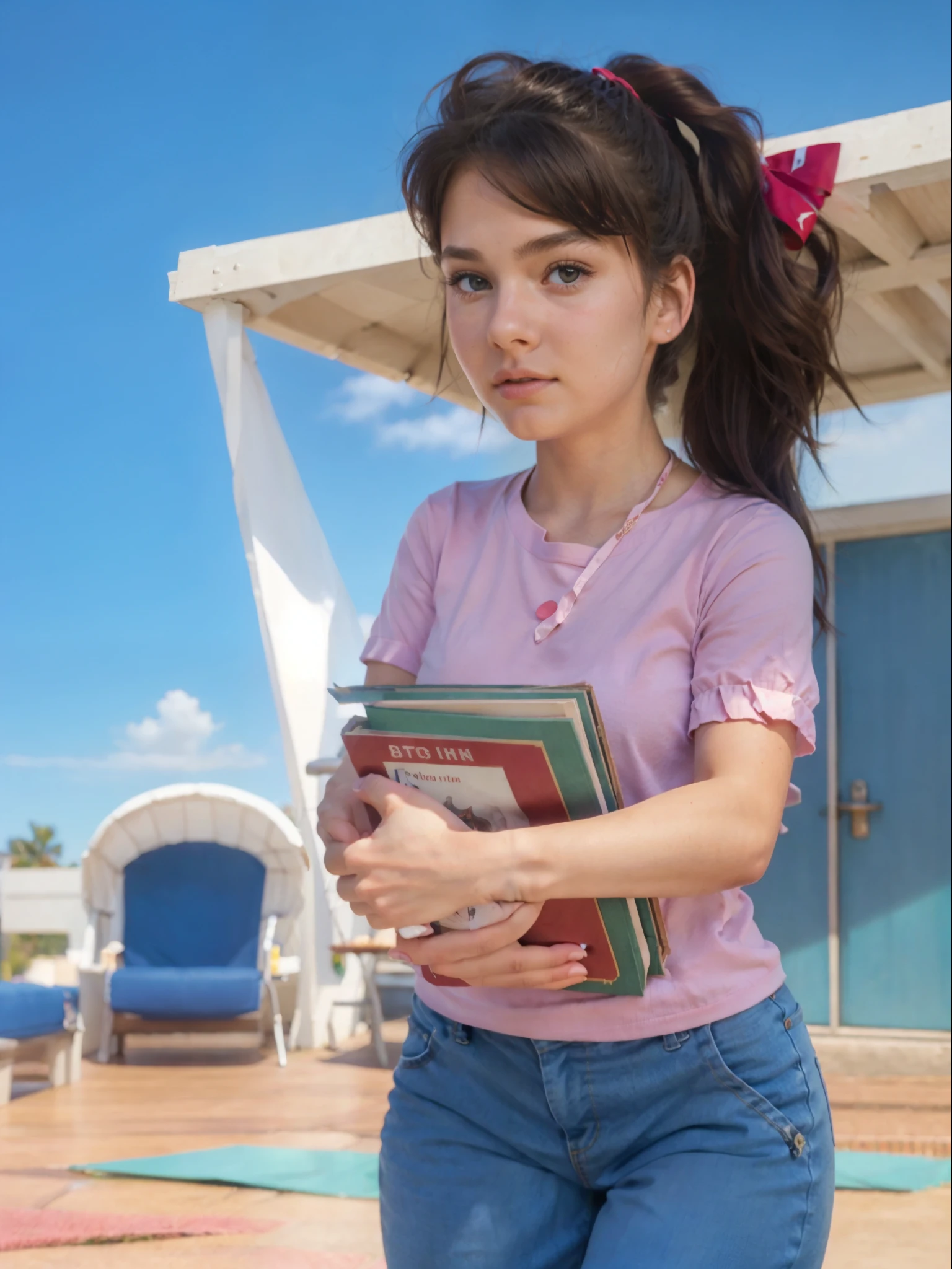 Real life adaption of this character, American beauty, realistic same hair with same ribbon, realistic same outfit, holding book,realistic same background, realistic light, realistic shadow, realism, hyper realistic, (photorealistic:1.2), realistic small eyes