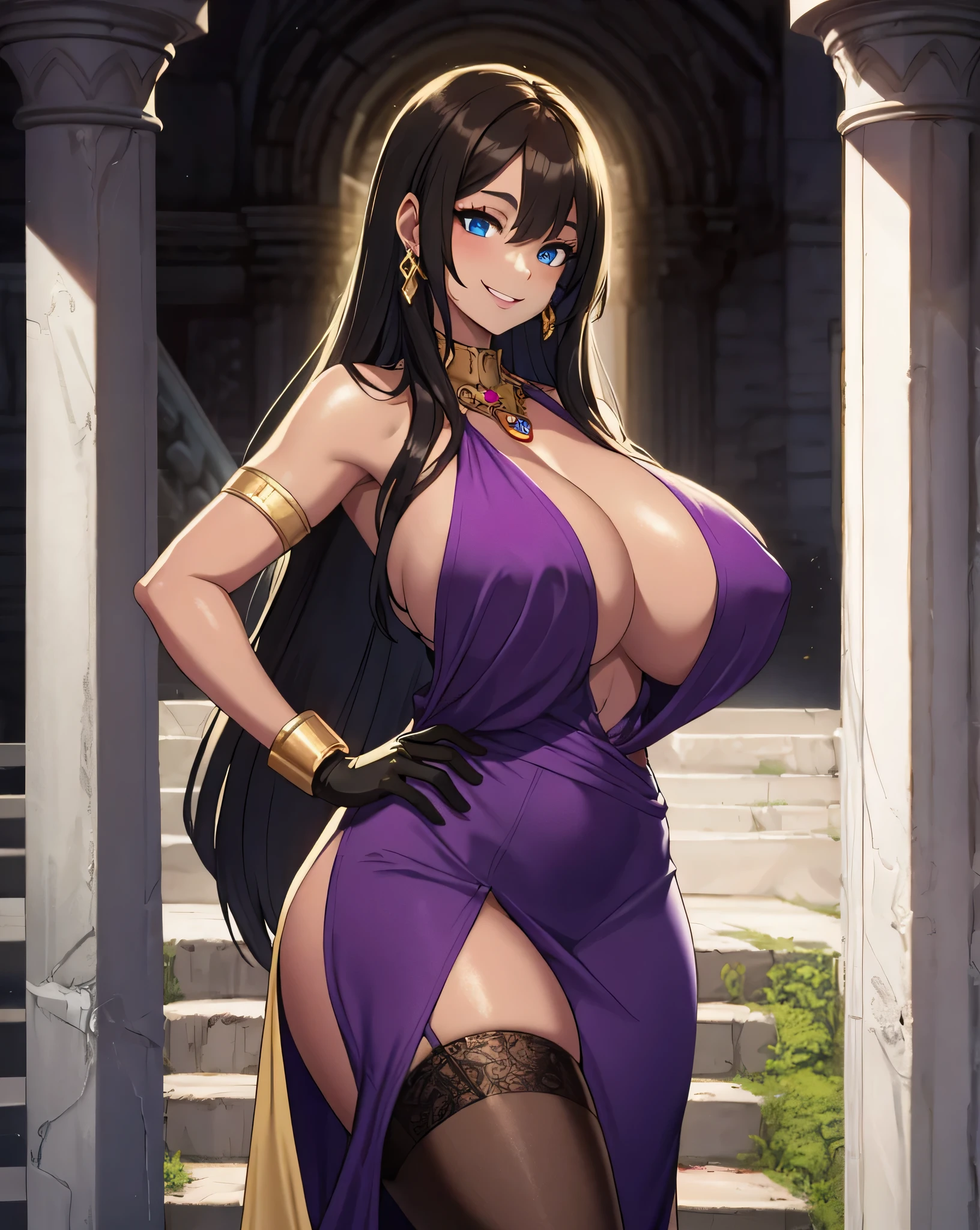 olga discordia, long black hair, colored skin, brown skin, hair stick, bangs, blue eyes, solo, smiling, standing, upper body, hips, bare shoulders,purple thighhighs,violet dress, gold jewelry,armor,gloves,circlet, cleavage, red and gold royal castle, gigantic breasts, (best quality, masterpiece, beautiful and aesthetic:1.2, highest detailed face, perfect face,)  eyes, perfect face,expressive eyes,
looking at viewer, in the center of the image,(Upper_body),(Focus on her face),
official art,extremely detailed CG unity 8k wallpaper, perfect lighting,Colorful, 
(masterpiece:1.0),(best_quality:1.0), ultra high res,4K,ultra-detailed
