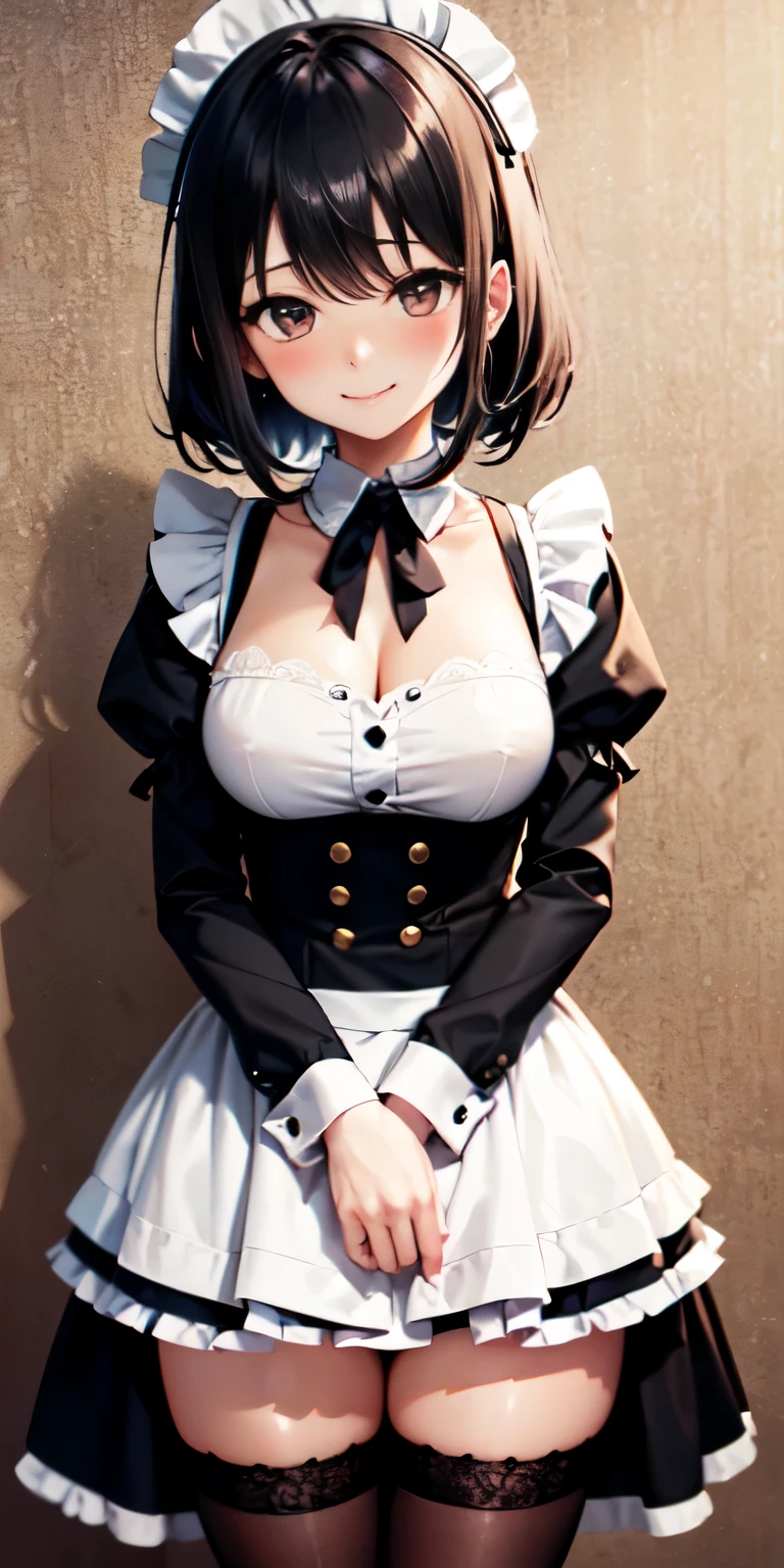 woman wearing sexy lewd maid dress, bowing, nice breasts, short black hair with bangs