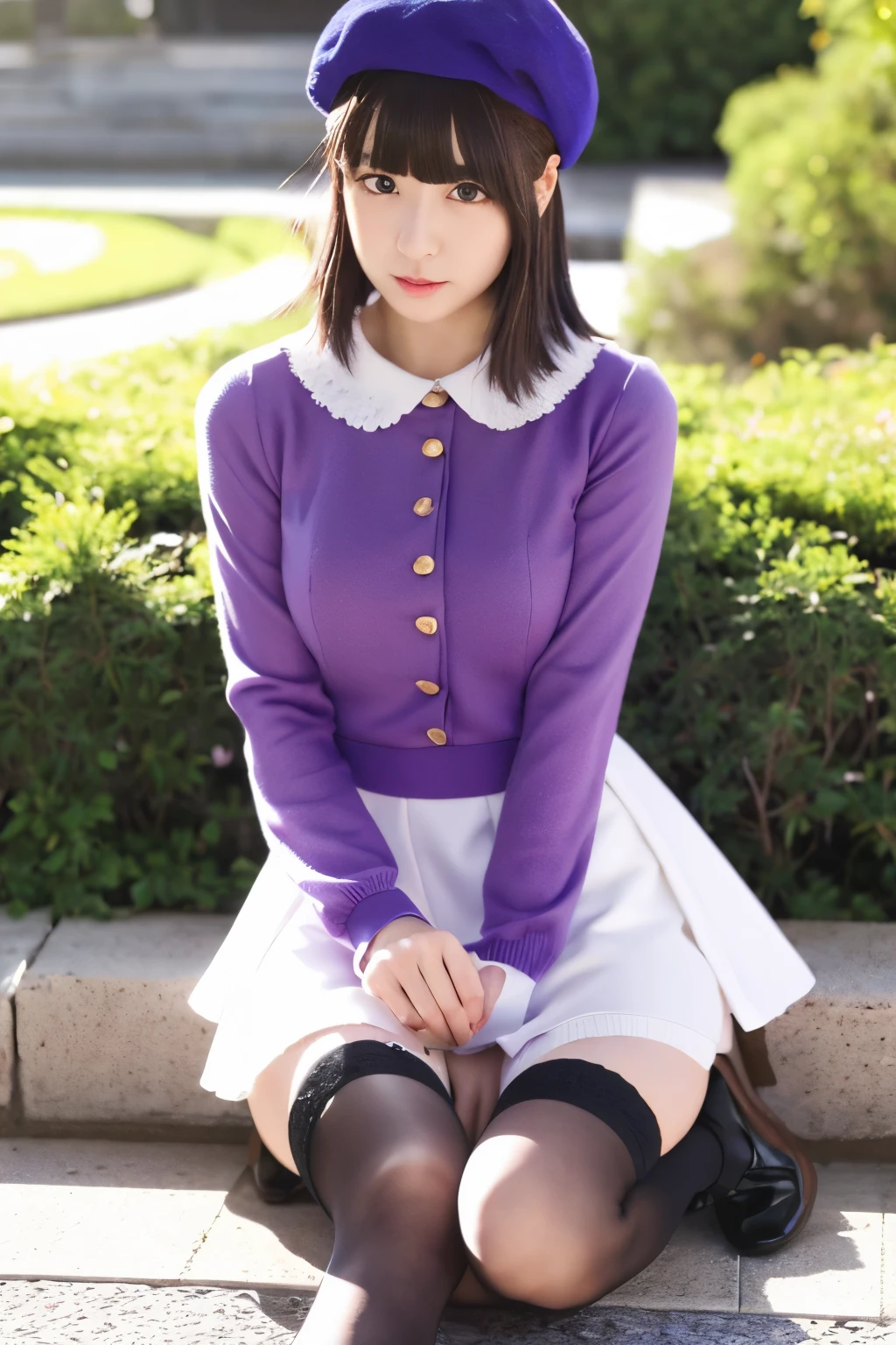 (iwanagadress:1.2), (iwanagakotoko:0.9),(beret:1.8), Kotoko Iwanaga, 1 girl, beret, black bow, blue skirt, bow, brown shoes, cane, dress, hair bow, have, holding, holding cane, juliet sleeves, light brown hair, long sleeve, looking at the viewer, petticoat, plump sleeves, purple eyes, short hair, skirt, alone, thigh strap, Thighhighs, white dress, white hat, white Thighhighs, kyokou suiri