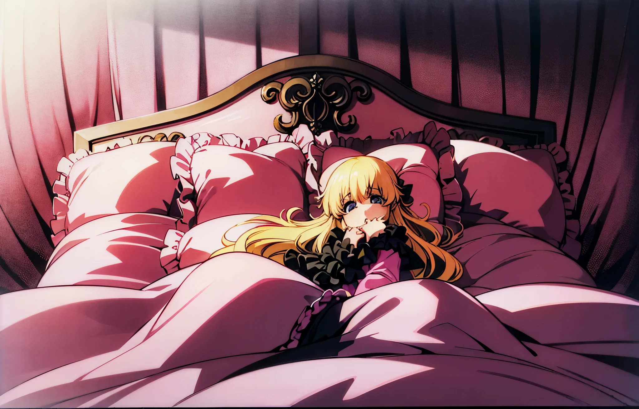 ,highest quality, masterpiece, highest resolution, artwork, super それにget used to it, many get used to it, get used to it, それにget used to it, 3K anime illustration,(( girl)),Super detailed baby face,hty small face,long blonde hair,blue eyes,白い肌のeuropean,pajamas, european,curly hair,blue eyes,((((ピンクのロリータファッションのlong skirtのワンピースドレス)))),((フリルとリボンがたっぷりついたピンクと黒のの可愛らしいpajamas)),((Luxurious pink and black headdress with frills and ribbons)),detailed headdress,,(((big yoke collar))),Yoke collar with ruffles and ribbons,((((long sleeve)))),ruffle sleeves,((((long skirt)))),pink and black pillow with large ruffles and ribbons,(((Nice pink outfit))),豪華なcanopy bedの上,canopy bed,The bed is surrounded by luxurious curtains,Many pink and black frilly pillows on the bed,Behind the girl are many pink and black frilly pillows..,super detailed background,detailed bed,soft pink and black comforter,Highly detailed soft ruffle pillow,Beautiful girl illustration,detailed beautiful face,thin hair,detailed eye ,detailed eyes,detailed mouth, arm details,fine hands,Detailed pillow,wide bed,Illustration on the bed, ,((((round futon)))),((((A large pink and black ruffled comforter covers the entire bed)))),detailed comforter,detailed bedシーツ,Before bedtime,romantic atmosphere,palace bedroom,((((The lower half of my body is hidden under a large futon....)))) The girl is leaning on a pile of pillows, ,((((round futon)))),((((Large pink ruffled comforter with black lace covering the entire bed)))),