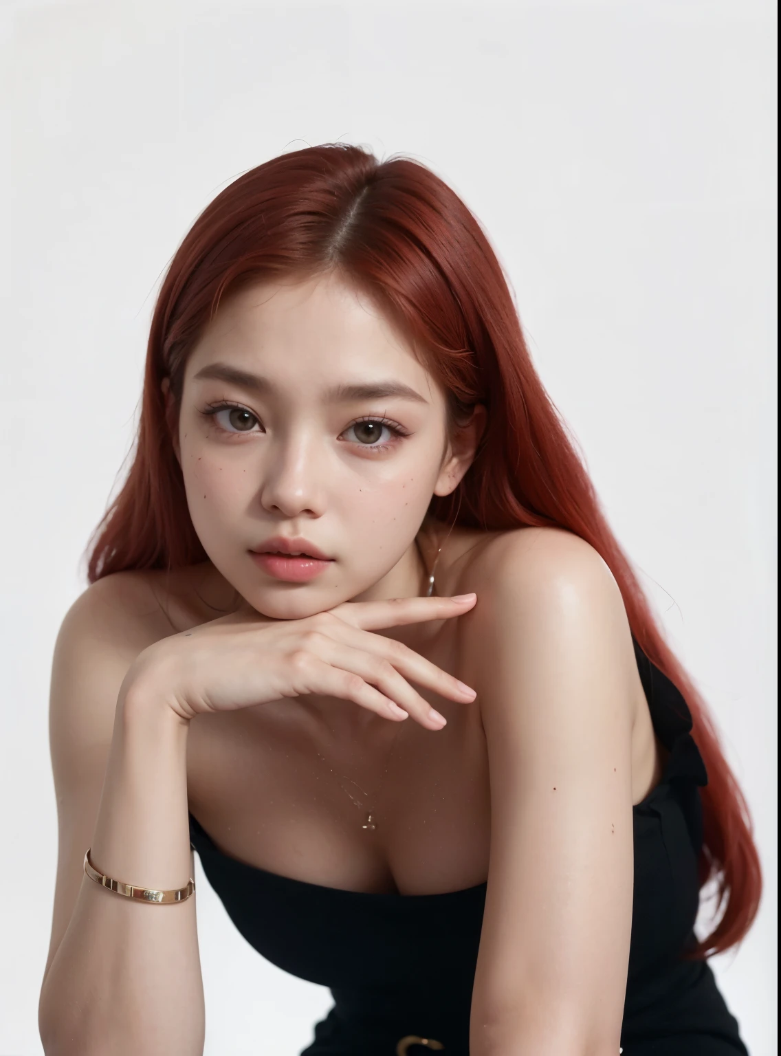 a close up of a woman Con cabello rojo posing for a picture, Jennie rosa negra, portrait of jossi de blackpink, jossi de blackpink, kim taejin, Gongbi, terciopelo rojo, color rojo, parque roseanne de blackpink, ella tiene el cabello rojo, Con cabello rojo, red hue, aparcar desde-min, ella tiene el pelo largo y renaranjado, retrato de jisoo blackpink