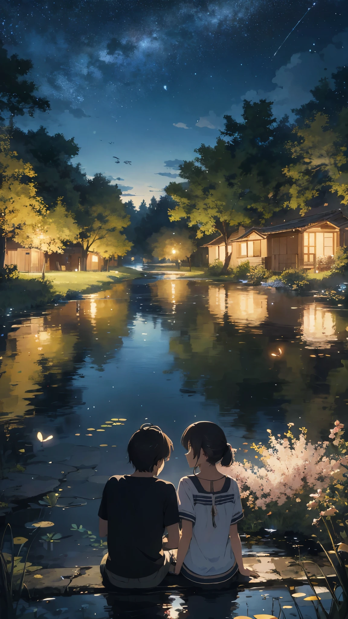 absurdres, highres, ultra detailed, couple sitting under a flowering tree beside a pond,dreamy night sky, fireflies,masterpiece, visually attractive, 8k, from an anime movie, beautiful scene, characters small than landscape