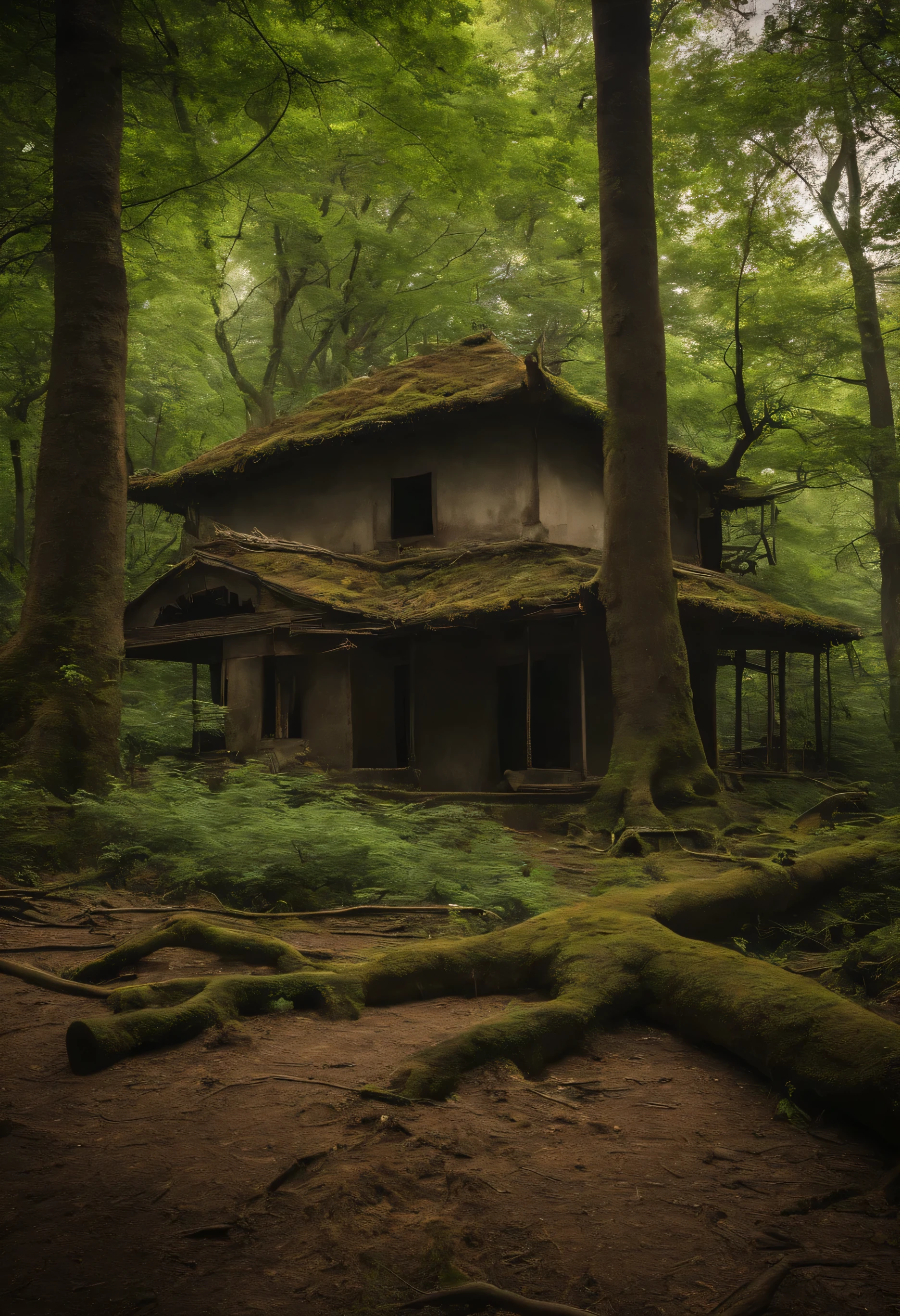 (dim深いforest)、Eerie Tranquility、ruins left behind、forest、realistic、(photo quality)、High resolution、(fallen giant tree)、strange atmosphere、landscape、scary picture、dim、high quality、(unmanned)、background、(abandoned place)、strange atmosphere、((abandoned machine))、((quiet fear))、Fear experience、forgotten past、forgotten place、((Abandoned house standing in the back))、((forestの奥))、something that looks far away、hazy air、