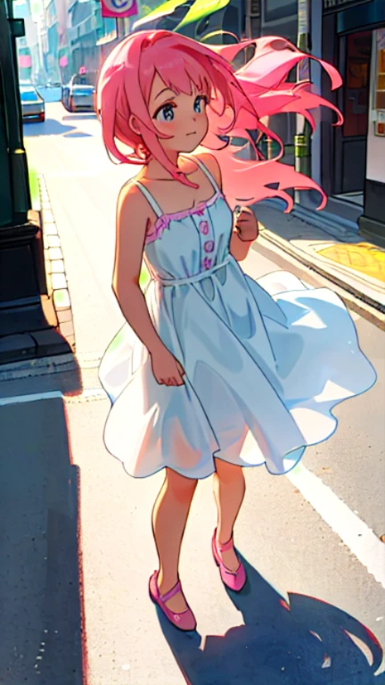 Character Concept Design: A young girl with charming pink hair and a captivating expression. She is dressed in an adorable sundress, the hem of which plays coyly above her knees as she takes a shy pause, looking away from the onlookers. Embarrassment tinges her cheeks, and her mouth is pressed shut to keep from revealing her guilty secret. The scene unfolds on a bustling city street, where the sun casts long, intricate shadows that dance across the pavement.

Line Art: The line art captures the essence of the girl's emotions, her body language, and the intricacy of the urban environment. The lines are detailed, fluid, and