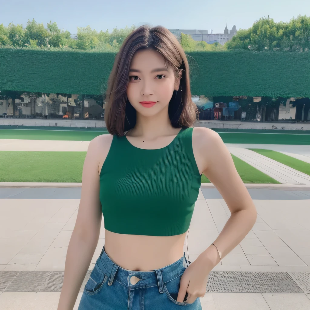 (Daytime, Excellent, 8K, Masterpiece: 1.3)), Full Body, Long Legs, Focal Length: 1.2, Perfect Body Beauty: 1.4, Slim Abs: 1.1, ((Dark Brown Hair, Big Breasts: 1.2 )), (Green Skinny T-shirt, Jeans, Standing: 1.2), ((City, Outdoor: 1.3)), Highly Detailed Face and Skin Texture, Detailed Eyes, Double Eyelids