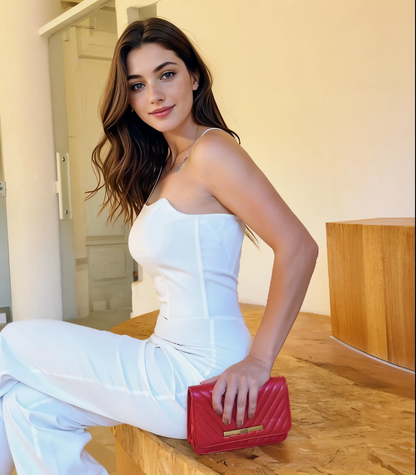 mulher, americana, 25 anos, pale skin and freckles, olhos cinzas, nariz delicado, soft and delicate lips, Cabelo blondie cinza longo e ondulados, sorriso meigo