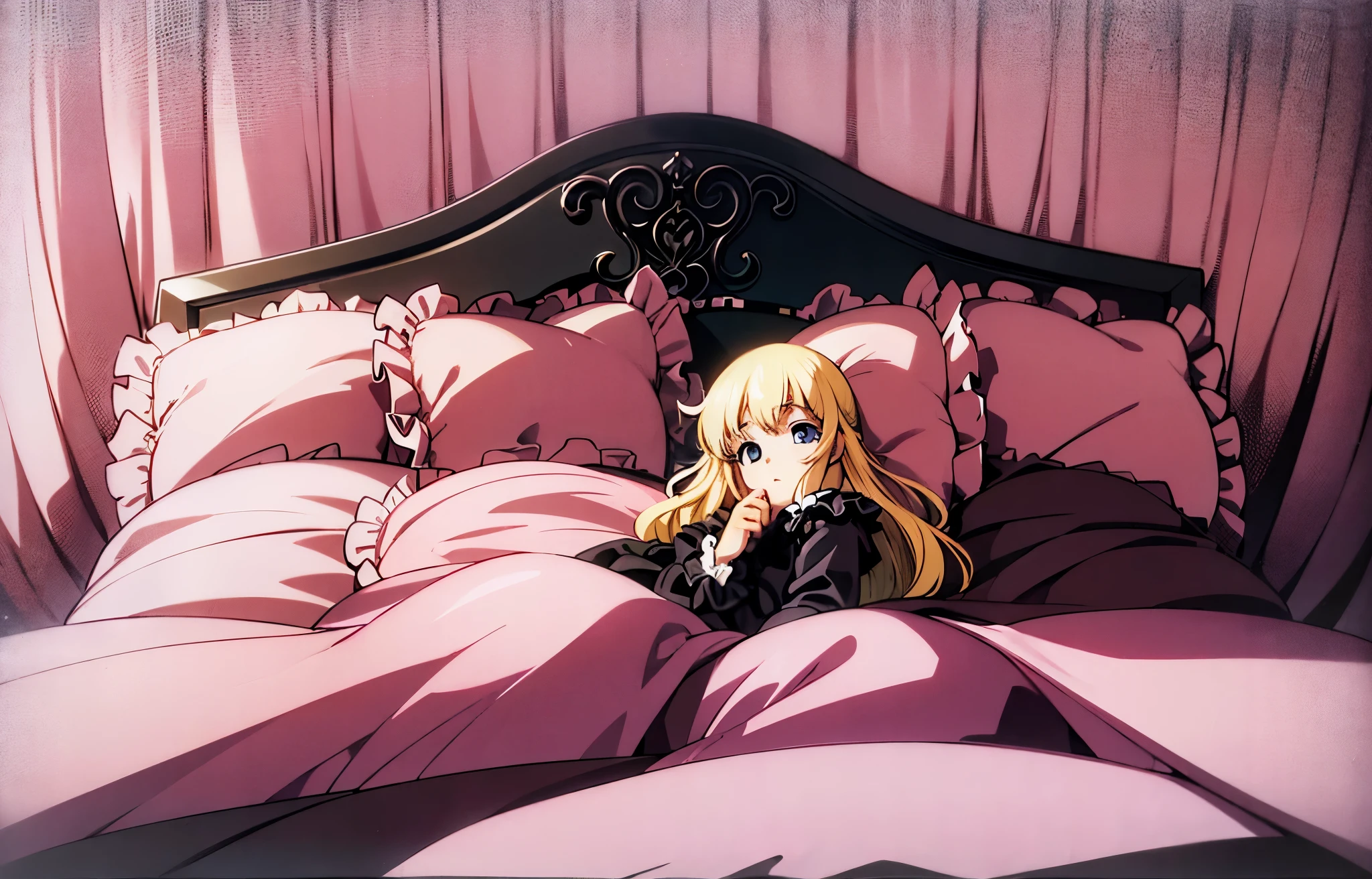 ,highest quality, masterpiece, highest resolution, artwork, super それにget used to it, many get used to it, get used to it, それにget used to it, 3K anime illustration,(( 10 year old girl)),Super detailed baby face,high quality small face,long blonde hair,blue eyes,白い肌のeuropean,pajamas, european,curly hair,blue eyes,((((ピンクのロリータファッションのlong skirtのワンピースドレス)))),((フリルとリボンがたっぷりついたピンクと黒のの可愛らしいpajamas)),((Luxurious pink and black headdress with frills and ribbons)),detailed headdress,,(((big yoke collar))),Yoke collar with ruffles and ribbons,((((long sleeve)))),ruffle sleeves,((((long skirt)))),pink and black pillow with large ruffles and ribbons,(((Nice pink outfit))),豪華なcanopy bedの上,canopy bed,The bed is surrounded by luxurious curtains,Many pink and black frilly pillows on the bed,Behind the girl are many pink and black frilly pillows..,super detailed background,detailed bed,soft pink and black comforter,Highly detailed soft ruffle pillow,Beautiful girl illustration,detailed beautiful face,thin hair,detailed eye ,detailed eyes,detailed mouth, arm details,fine hands,Detailed pillow,wide bed,Illustration on the bed, ,((((round futon)))),((((A large pink and black ruffled comforter covers the entire bed)))),detailed comforter,detailed bedシーツ,Before bedtime,romantic atmosphere,palace bedroom,((((The lower half of my body is hidden under a large futon....)))) The girl is leaning on a pile of pillows, ,((((round futon)))),((((Large pink ruffled comforter with black lace covering the entire bed)))),looking at me with contempt,