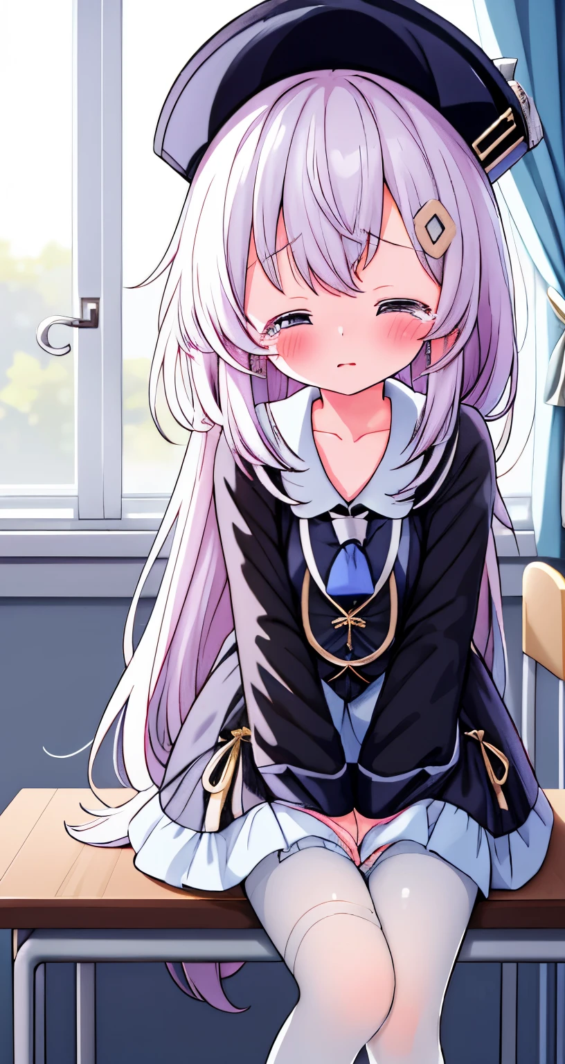 Black lace-up boots,white pantyhose,blush害羞,classroom scene,girl,,((absurd)), ((on the table)), (best quality), (lens flare), (Super detailed), (beautiful), ((cute girl)), alone, beautiful face, White skin, on the table, (10 years old: 1.3), , 、A girl goes to the toilet、 permanent, is crying, close her eyes, tears flow from eyes, Embarrassment comes from, blush), (girl is peeing: 1.2),, look away, sitting, Awkward, blush, The mouth opens slightly, classroom (girl leaking urine): 1.5)