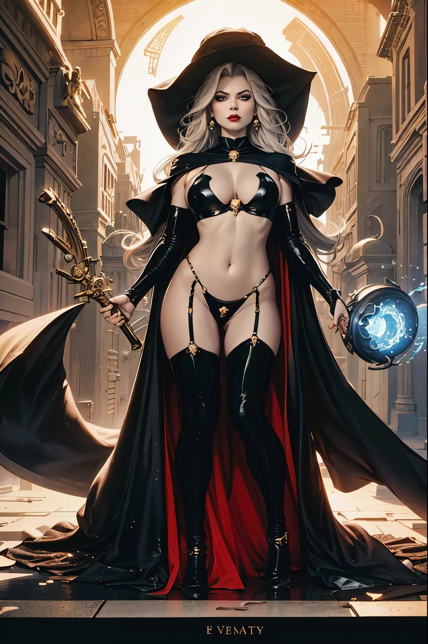 (best quality, masterpiece), (tarot, tarot card,:1.1) solo Lady Death, black background, golden, glorious, epic background, epic vibe, in the style of tarot card