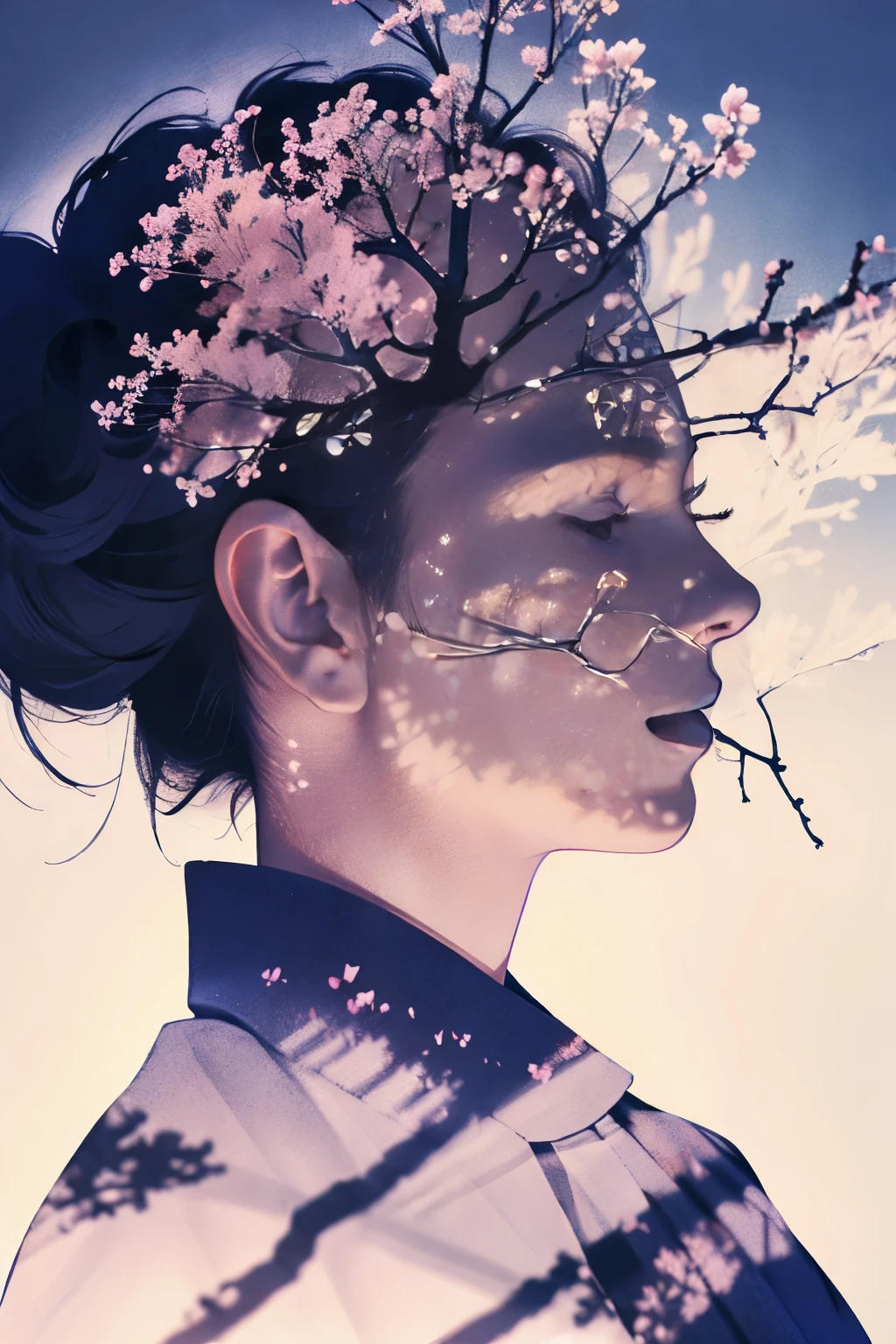 photoRealstic、((Super multiple exposure effect where the background can be seen through the clothes))、geisha with、A smile、cherry blossom tree in the background、Wonderful、towards the night view, If you leave the shutter open for a long time、create a line of light.