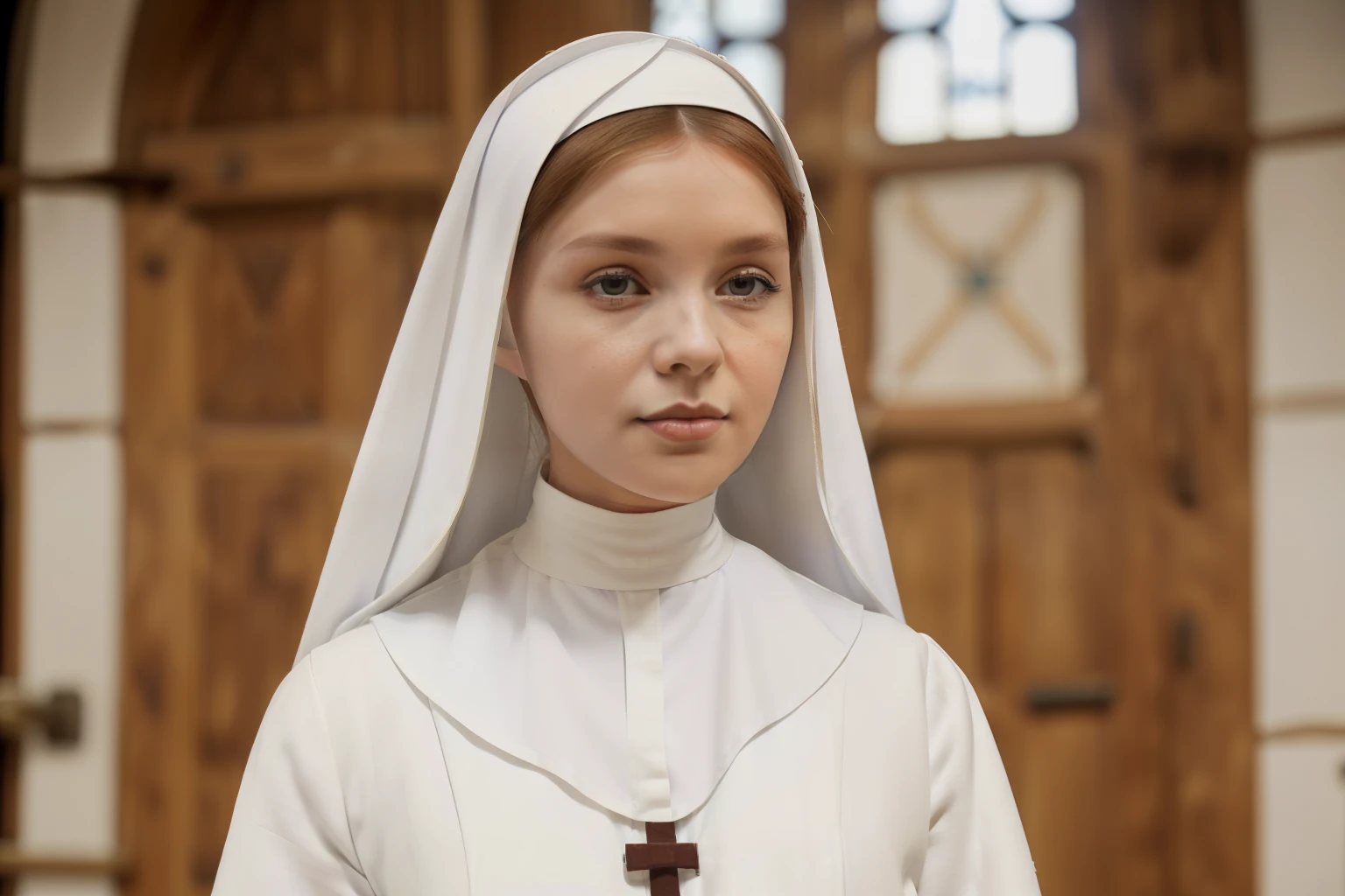 England, 1346. ((((very wide shot)))) of A young ((((29-year-old)) Caris Wooler)), attractive, expressive eyes, in a hospital, ((((working)))), ((content expression)). ((((clothings from the 1300s, medieval nun nurse white uniform)))), ((light chestnut hairstyle of the 1300s))
