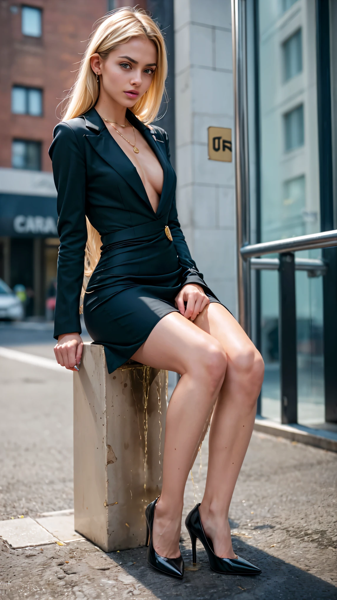 (Obra maestra, 16k,8k,4k ,Ultra detallado:1.1),(Cara hermosa:1.1),(1girl:1.1),25yo, (top model body:1.1), (slim body:1.5), perfect legs, (Lift Jewelry:1.3),(urination:1.5),(avergonzado:1.3), provocative (business dress:1.5), sexy stilettos, hight heels, pantyhose, long haired curly platinum blonde girl, peeing self, wetting her clothes, can't hold her pee face, wetting herself desperate, pee desperation pose, her body can't hold her pee and wets herself ultra desperate in the middle of the street, showing absolute desperation peeing herself, pee runing down her legs, standing up, hyper pee desperate face, big pee pudle