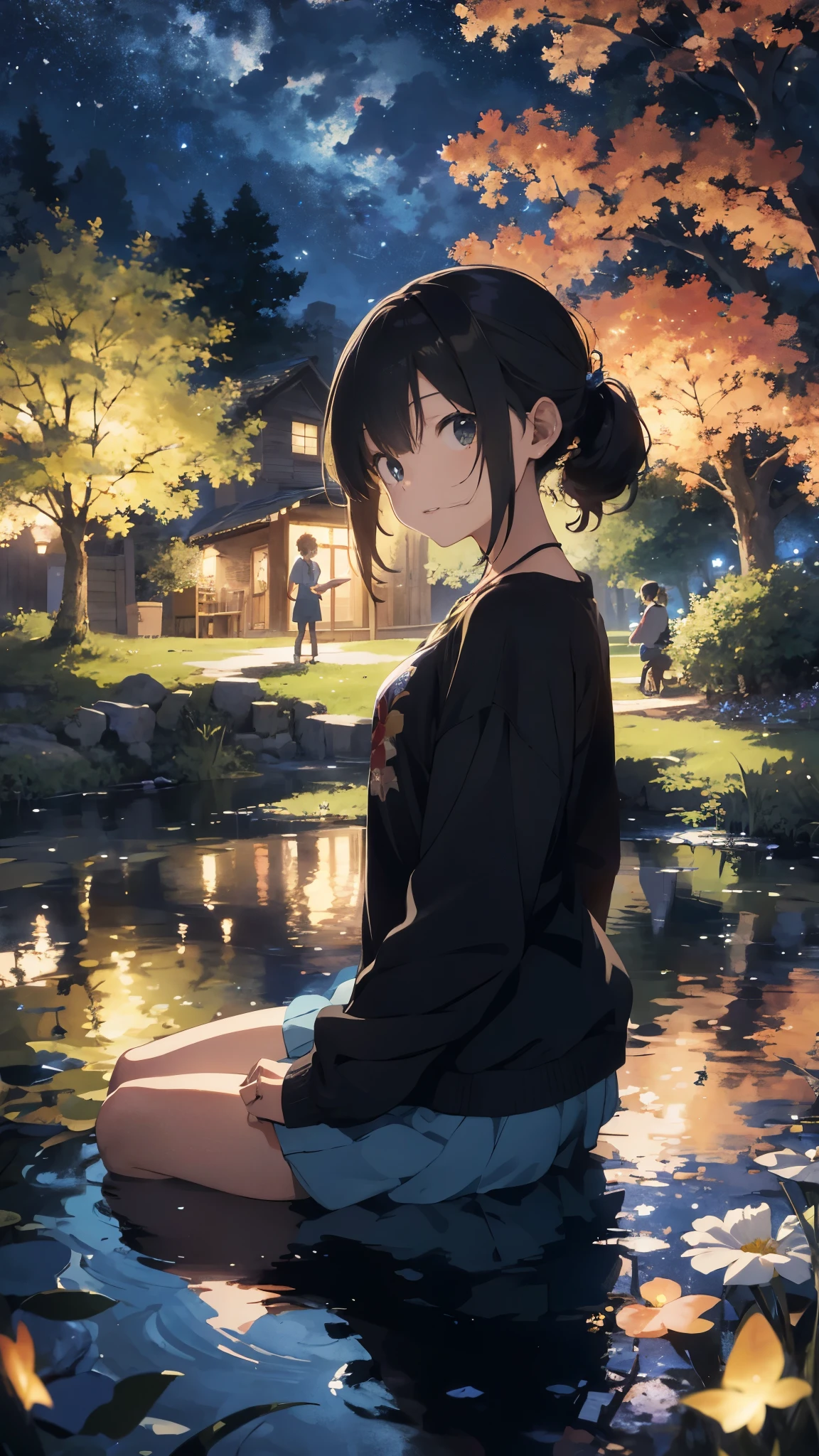 absurdres, highres, ultra detailed, Teenage couple sitting under a flowering tree beside a pond,dreamy night sky, fireflies,masterpiece, visually attractive, 8k, from an anime movie, beautiful scene, characters small than landscape 