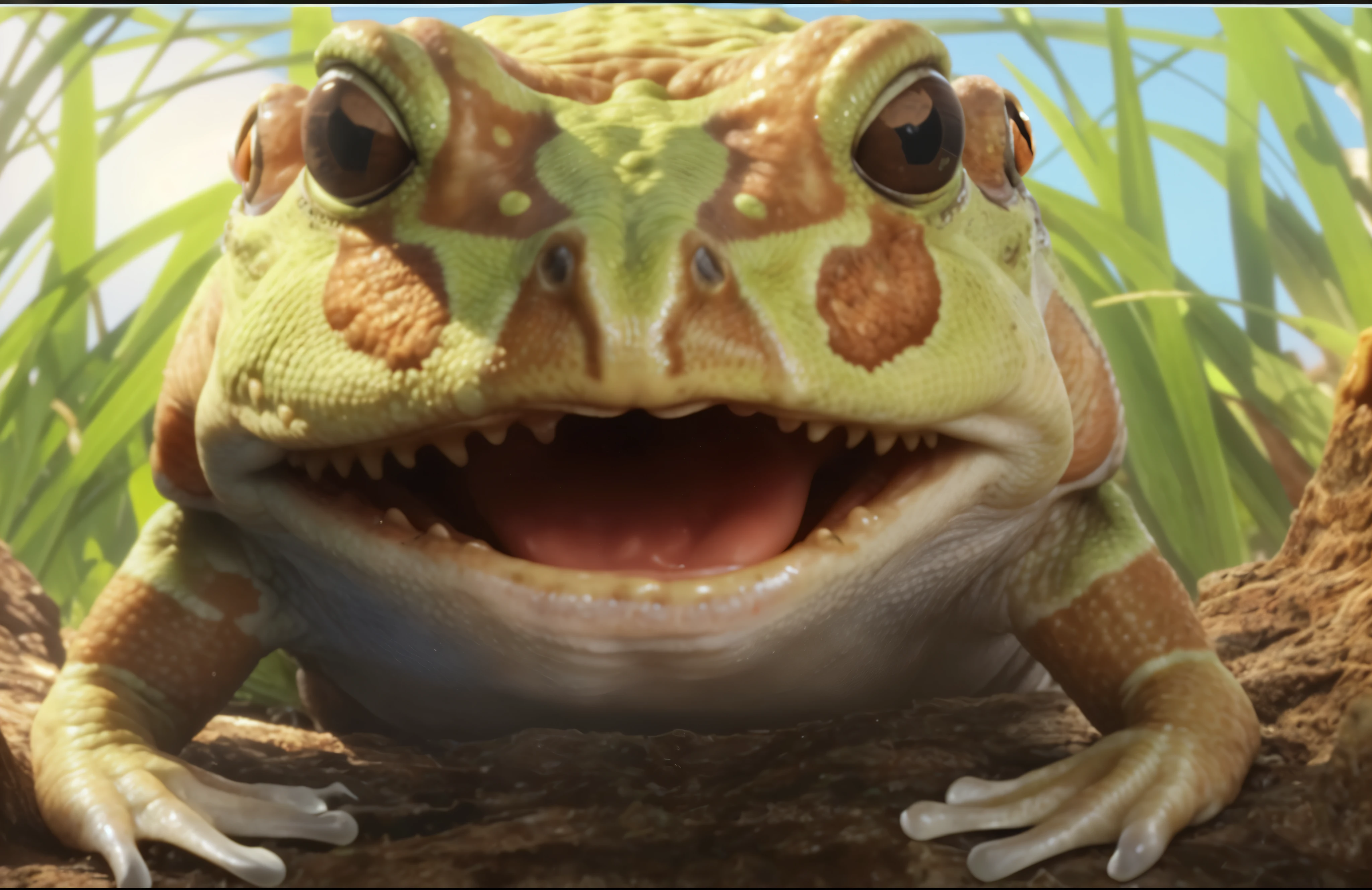 frog,toad, intense expression,teeth,terrible,Real close-up, big toad, toad, reptile face, Extreme close-up, alien frog, Very close-up, closeup 4k