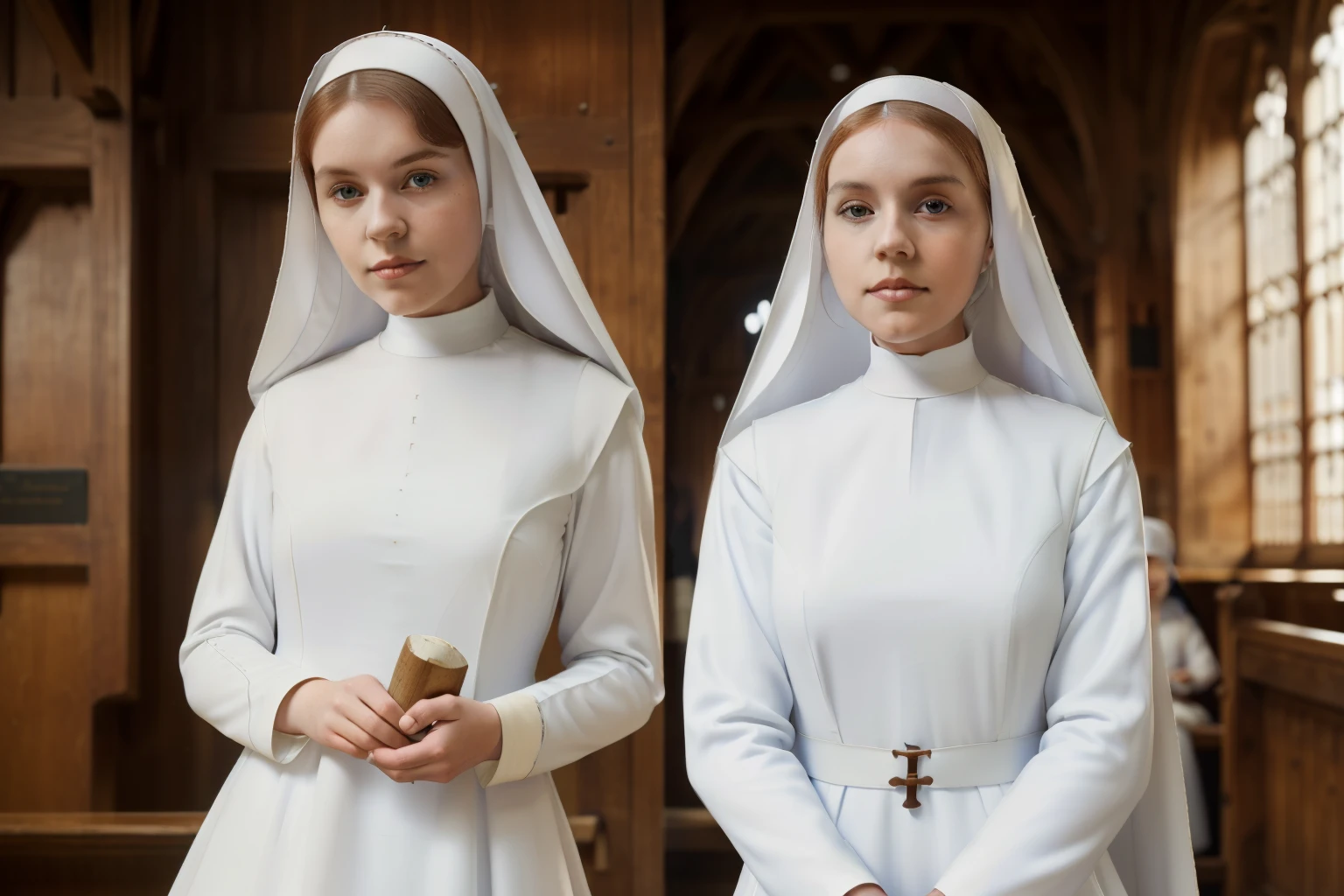 England, 1346. ((((very wide shot)))) of A young ((((29-year-old)) Caris Wooler)), attractive, expressive eyes, ((((working in the hospital)))), ((content expression)). ((((clothings from the 1300s, medieval nun nurse white uniform)))), ((light chestnut hairstyle of the 1300s))